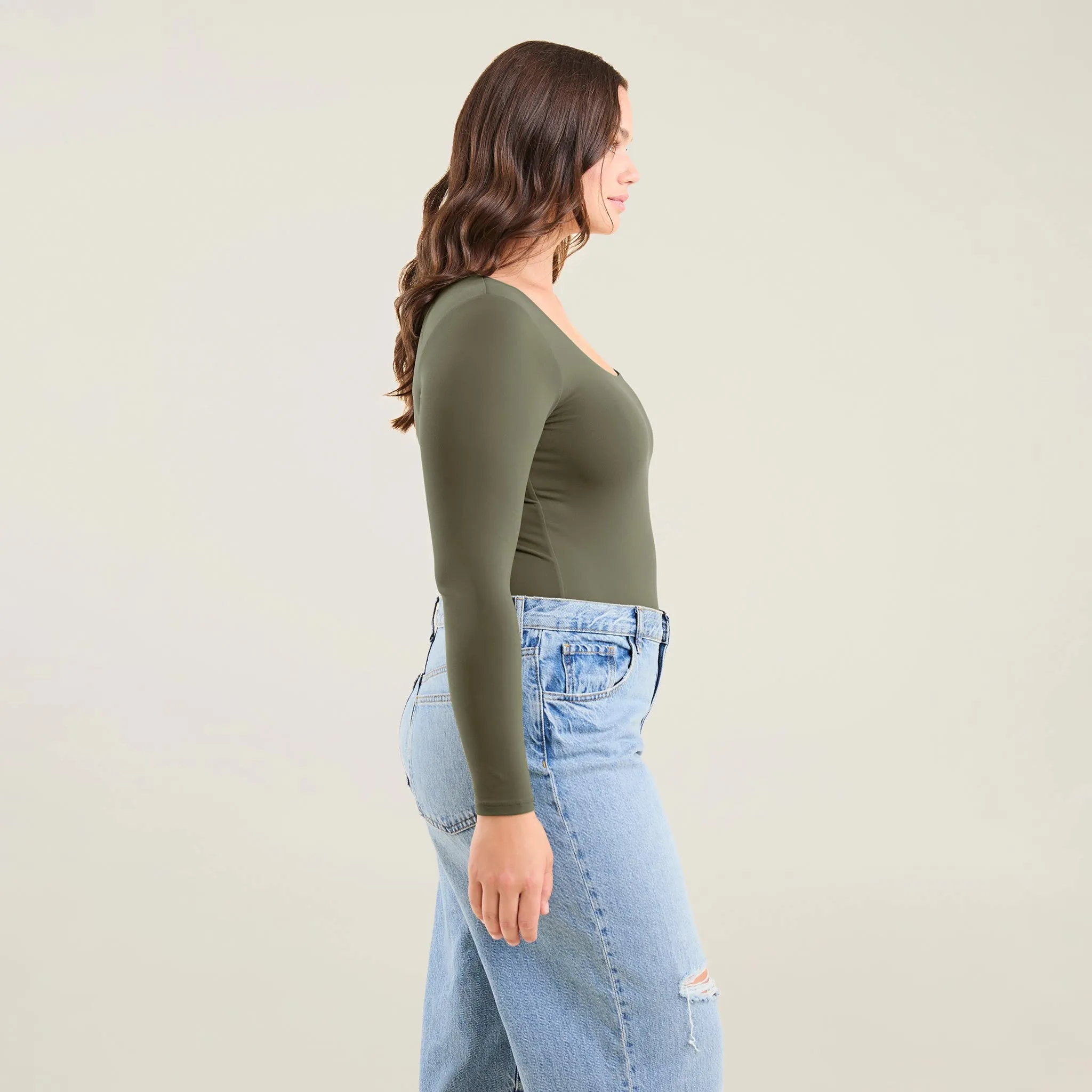 Long Sleeve Square Neck Bodysuit | Olive sold by nuuds product image thumbnail 3