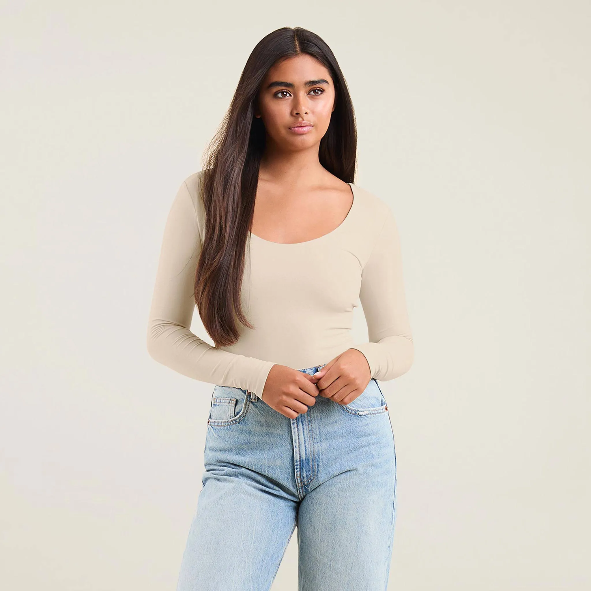 Long Sleeve Scoop Neck Bodysuit | Bone sold by nuuds