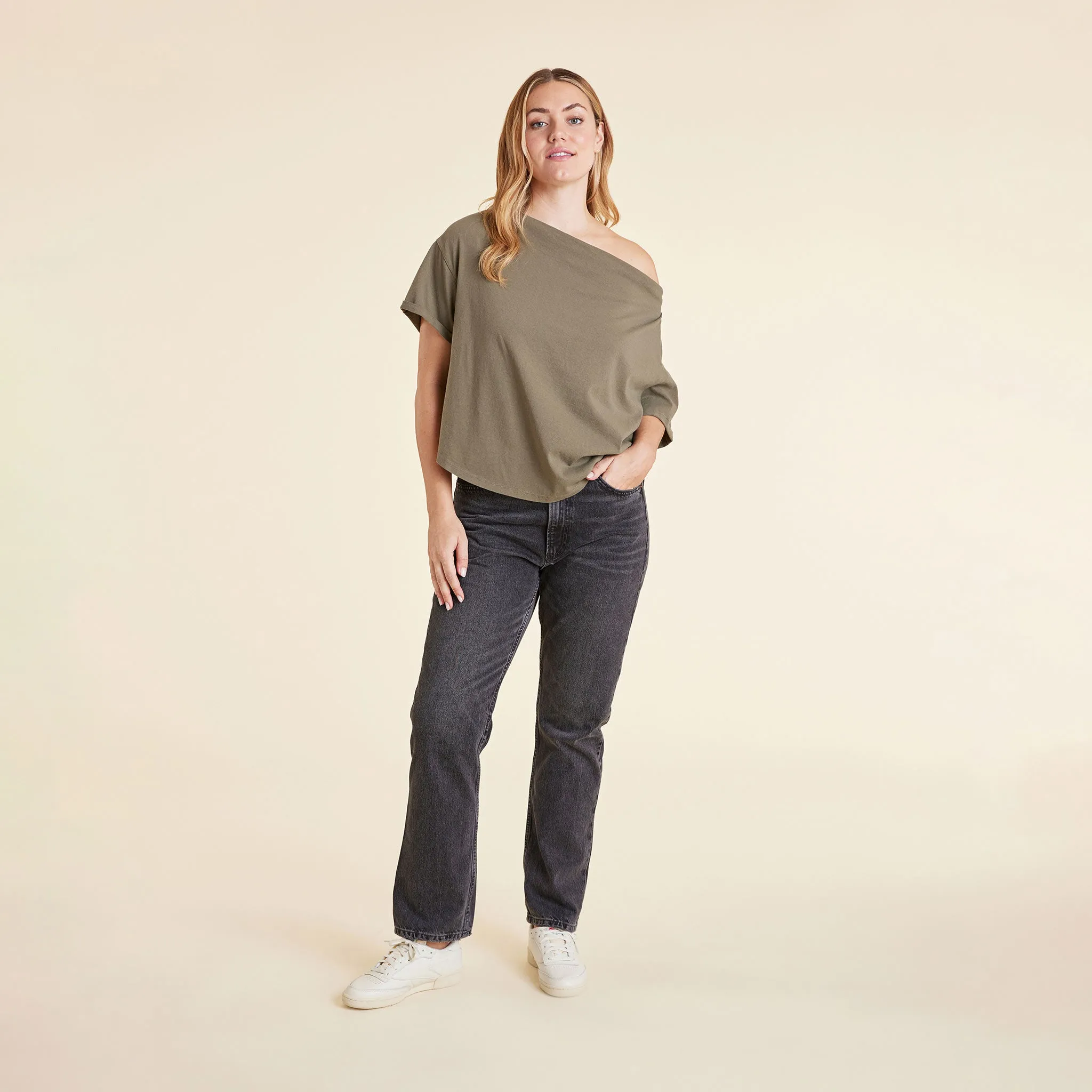Vintage Cotton Off The Shoulder T-Shirt | Olive sold by nuuds product image thumbnail 2