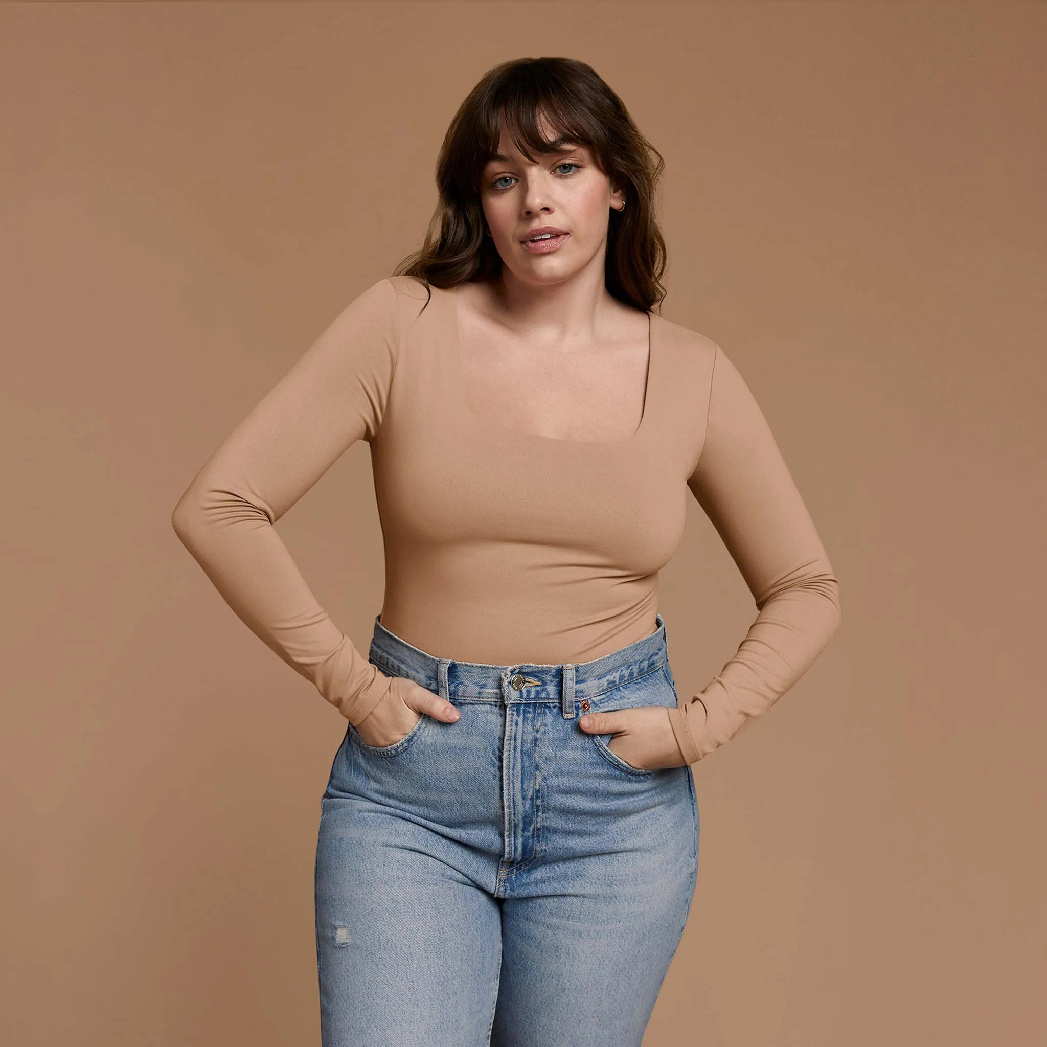 Long Sleeve Square Neck Bodysuit | Cinnamon sold by nuuds
