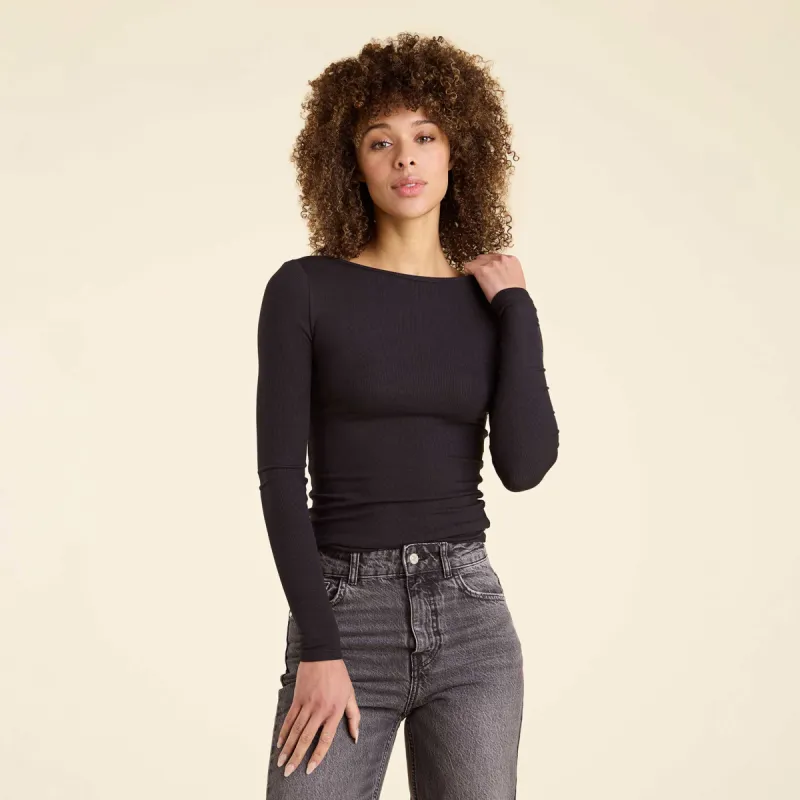 Slinky Rib Long Sleeve Open Back Shirt sold by nuuds