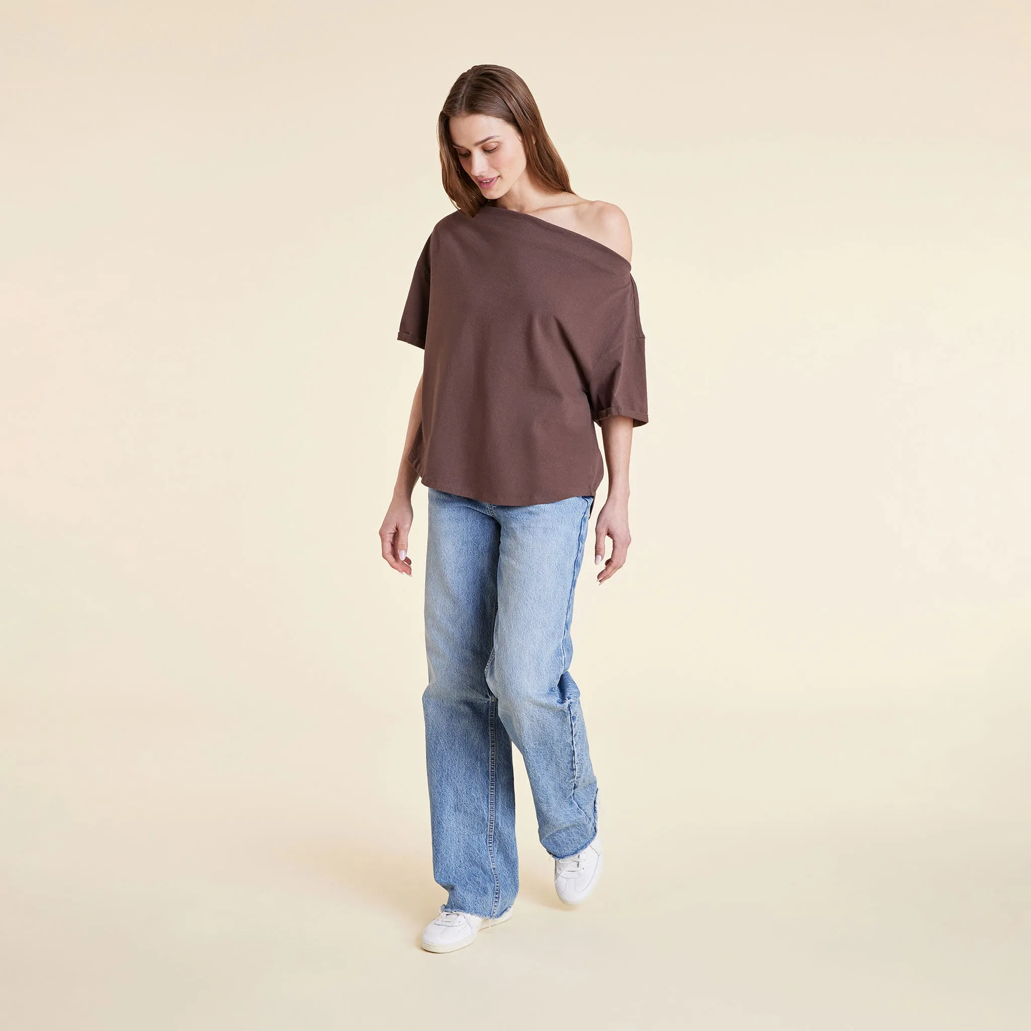 Vintage Cotton Off The Shoulder T-Shirt | Coffee sold by nuuds product image thumbnail 2