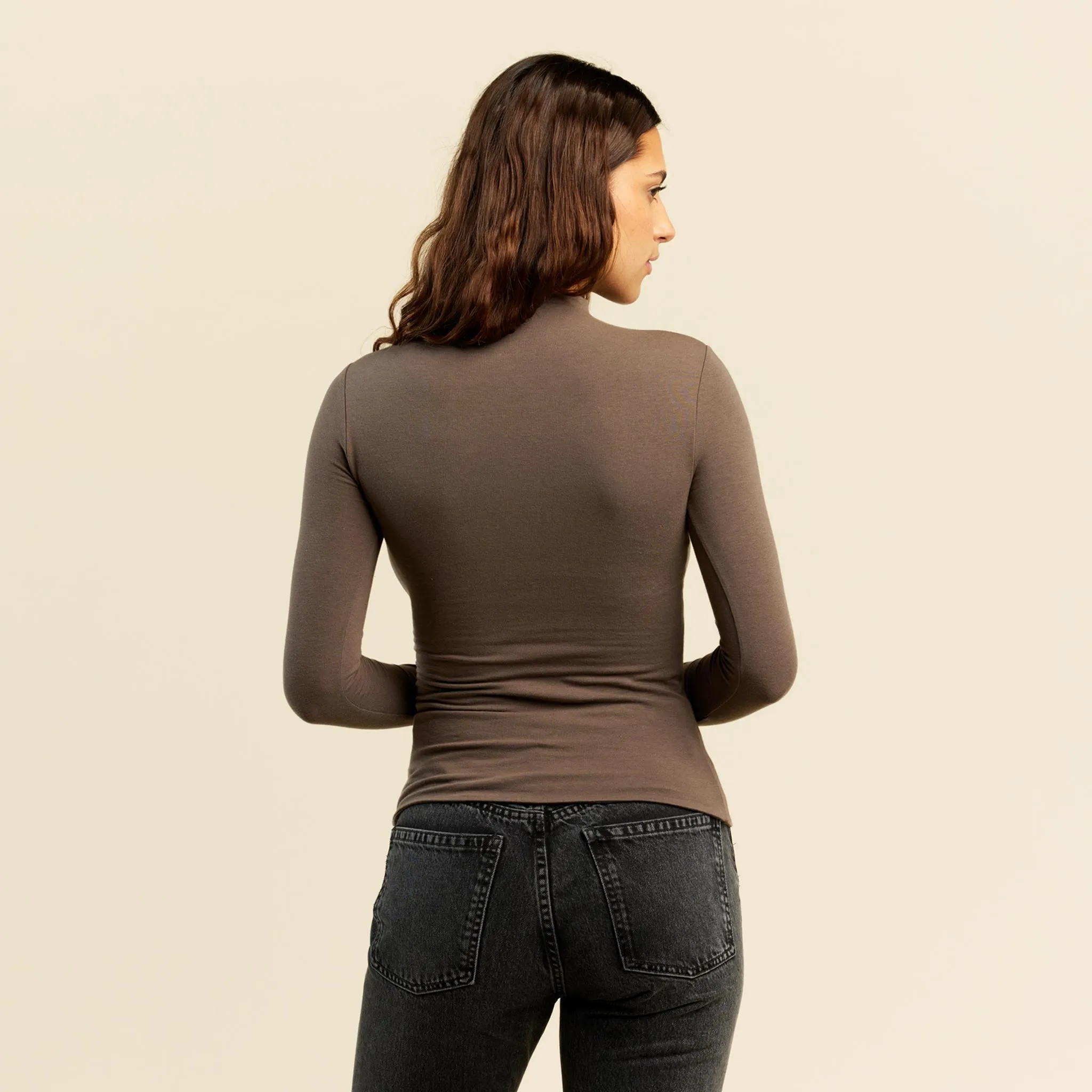 Cotton Stretch Long Sleeve Mock Neck Shirt | Mocha sold by nuuds product image thumbnail 4