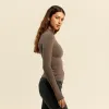 Cotton Stretch Long Sleeve Mock Neck Shirt | Mocha sold by nuuds