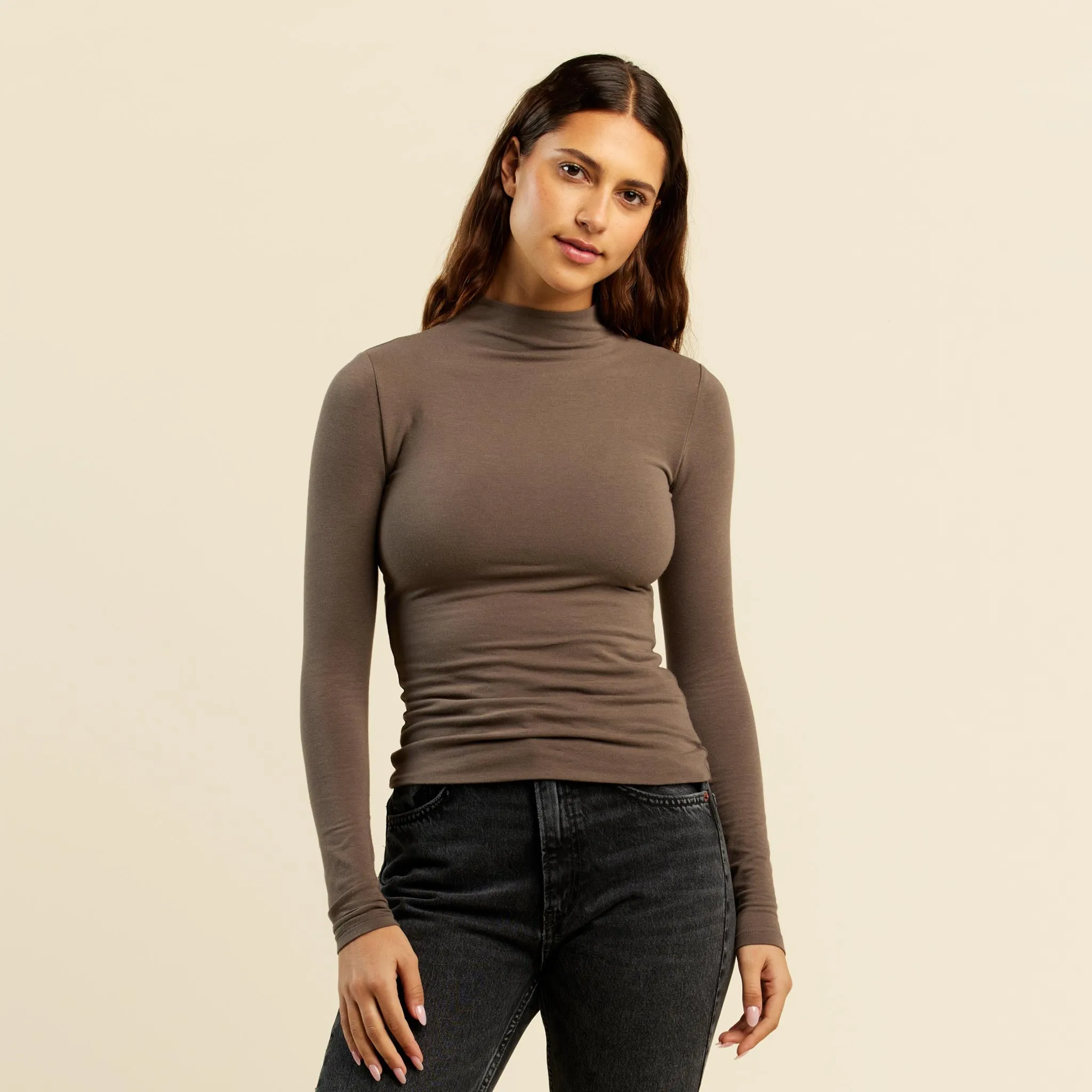 Cotton Stretch Long Sleeve Mock Neck Shirt | Mocha sold by nuuds