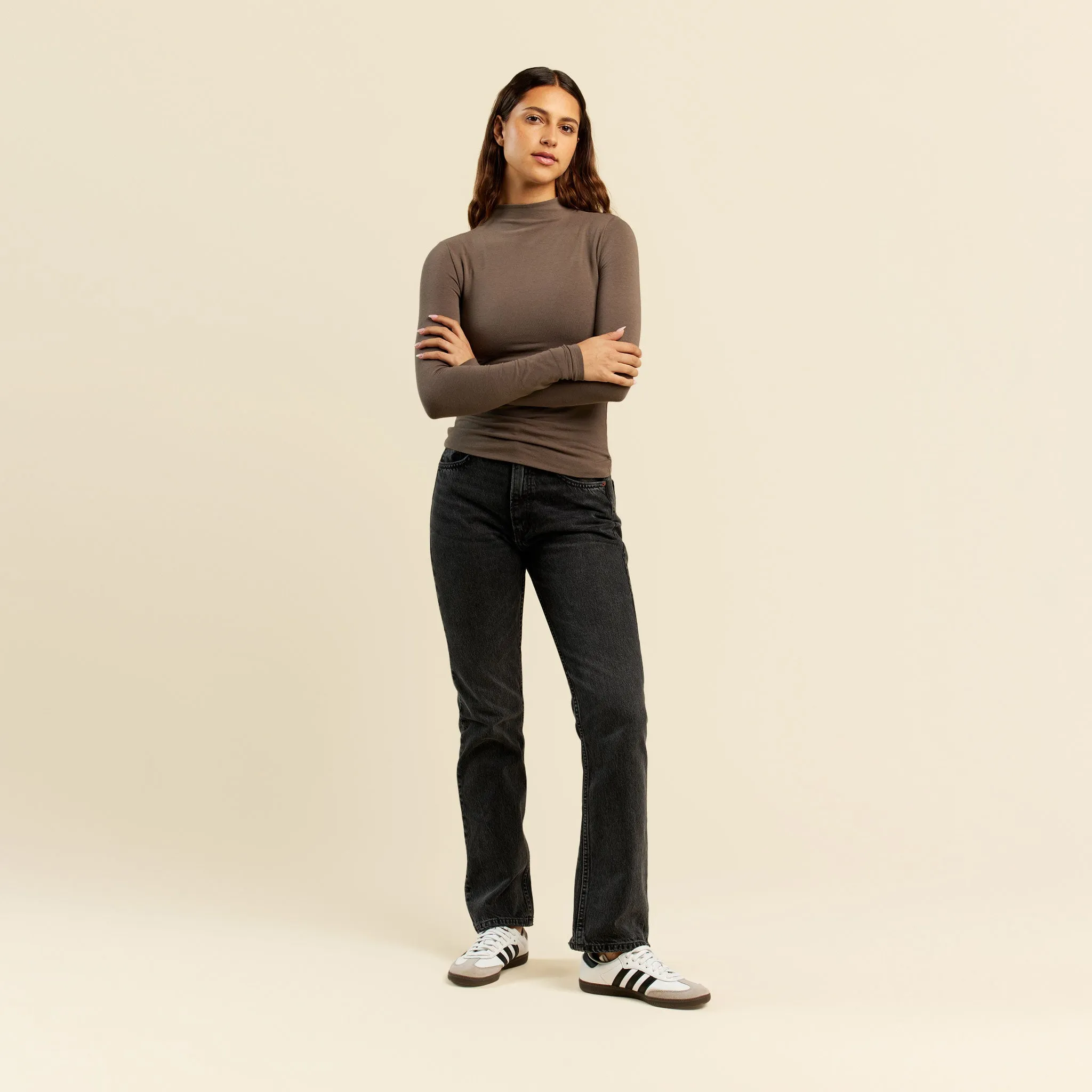 Cotton Stretch Long Sleeve Mock Neck Shirt | Mocha sold by nuuds product image thumbnail 2