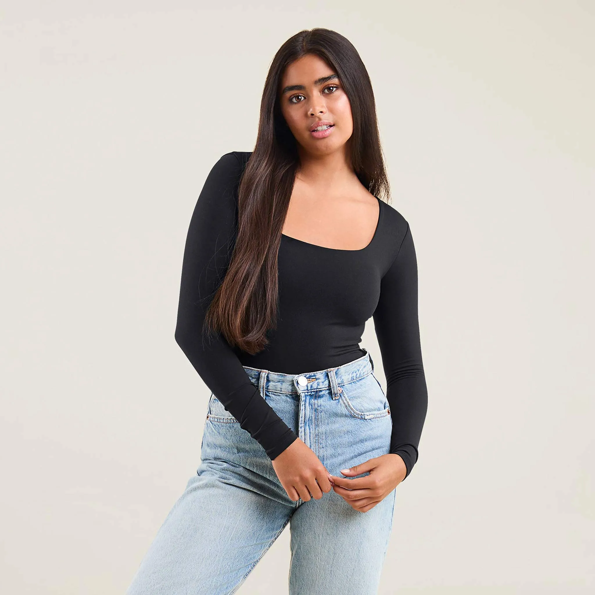 Long Sleeve Square Neck Bodysuit | Black sold by nuuds