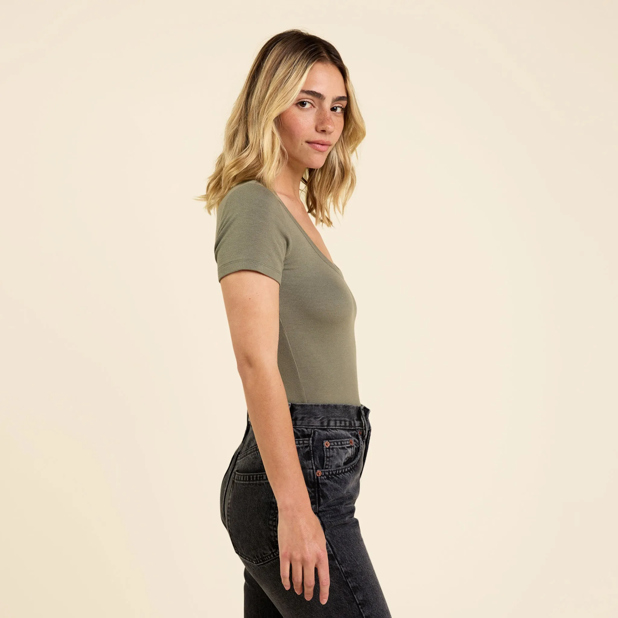 Slinky Rib Short Sleeve Bodysuit | Olive sold by nuuds product image thumbnail 3