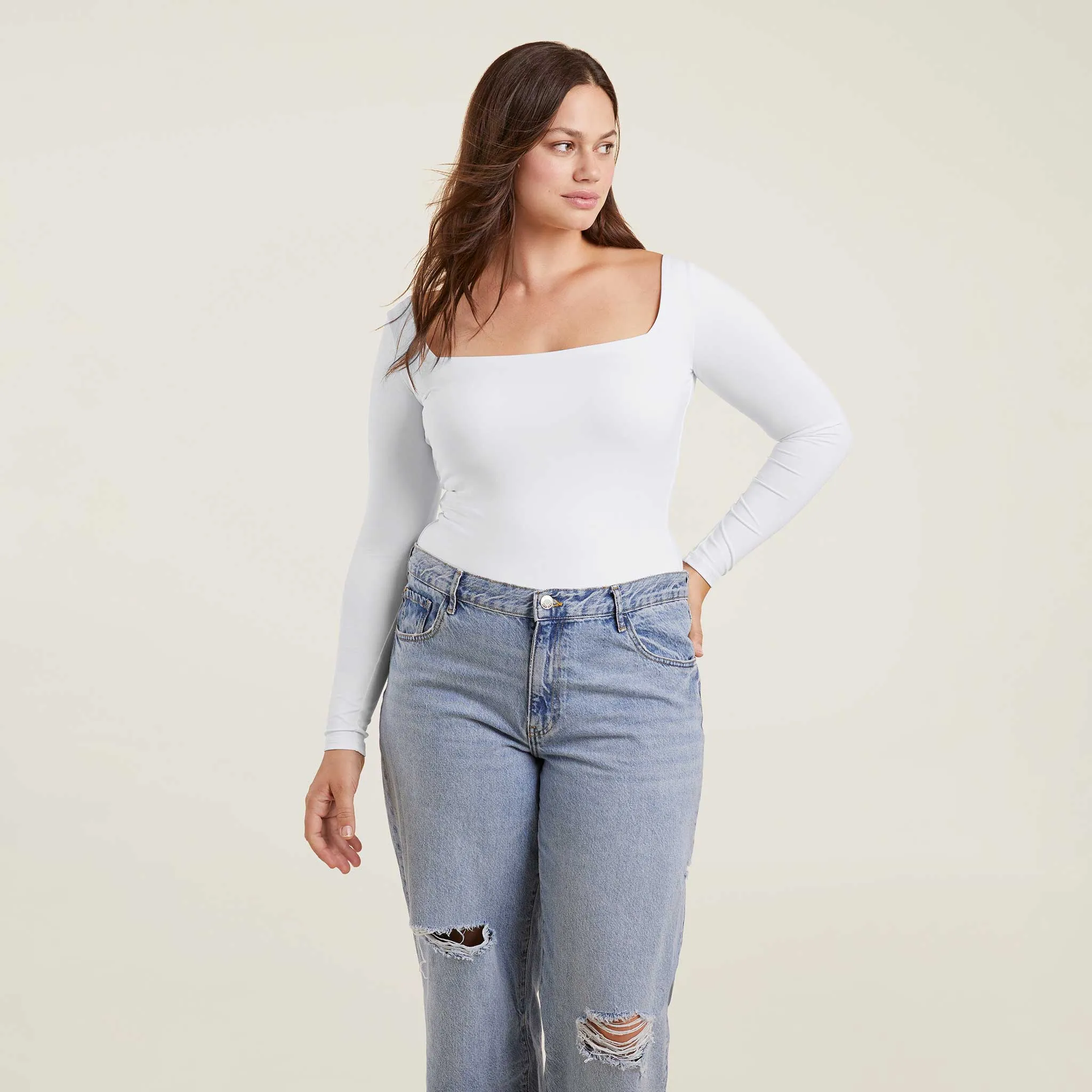 Long Sleeve Wide Square Neck Bodysuit | White sold by nuuds