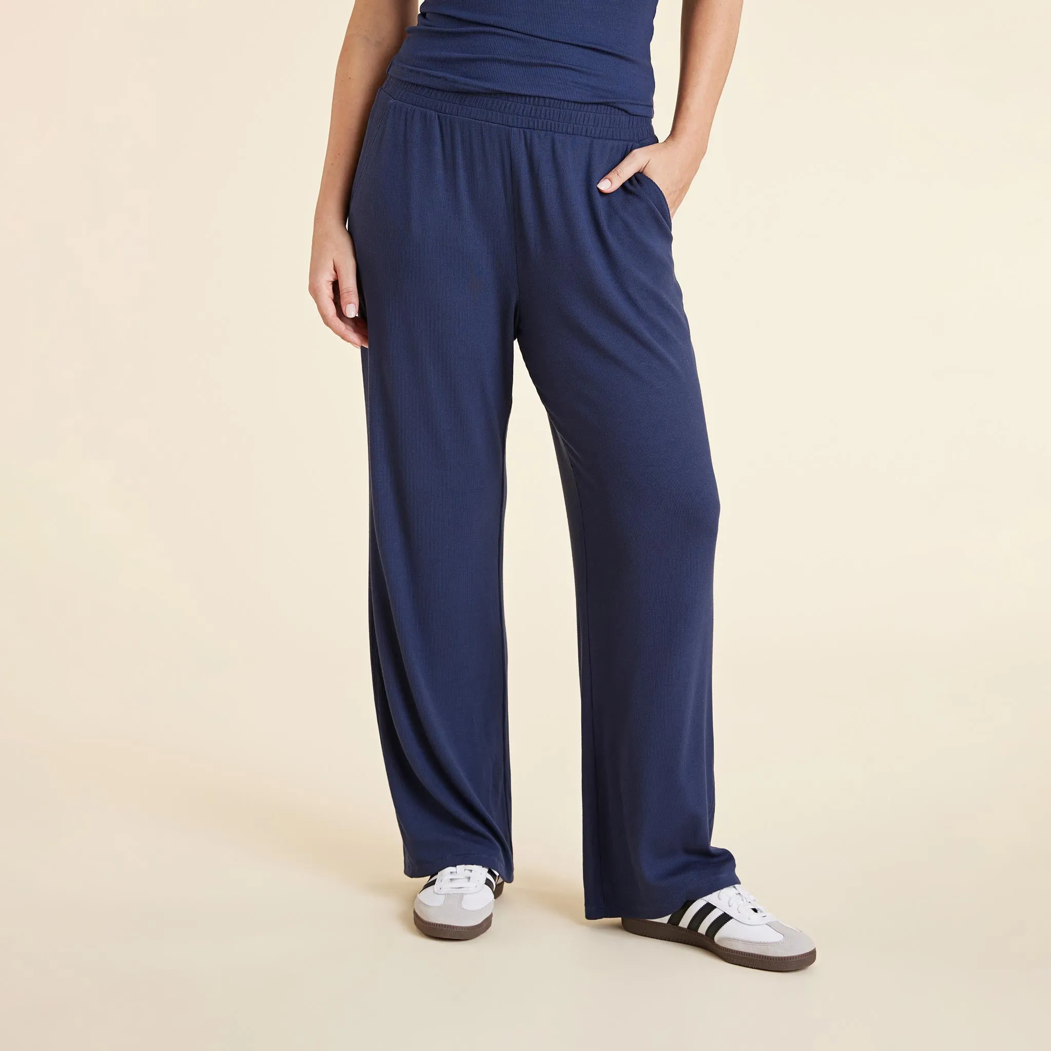 Slinky Rib Wide Leg Pant | Navy sold by nuuds