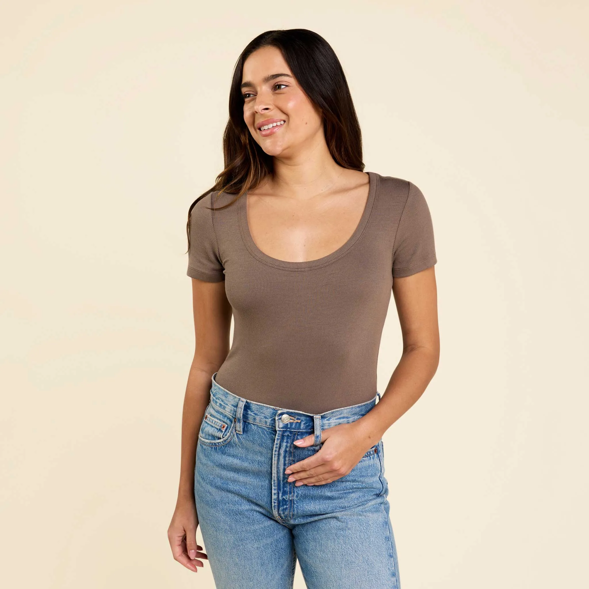 Slinky Rib Short Sleeve Bodysuit | Mocha sold by nuuds