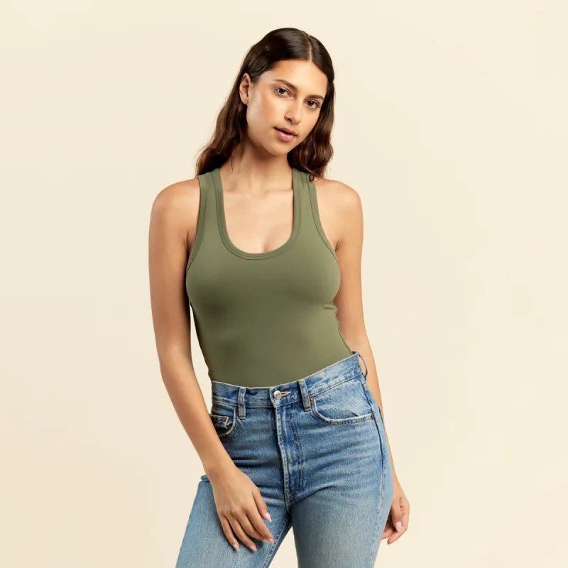 Seamless Scoop Tank Bodysuit | Olive sold by nuuds