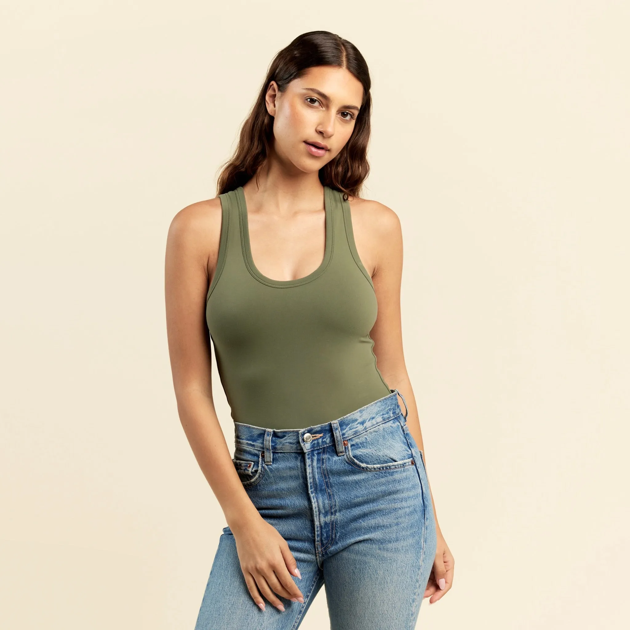 Seamless Scoop Tank Bodysuit | Olive sold by nuuds