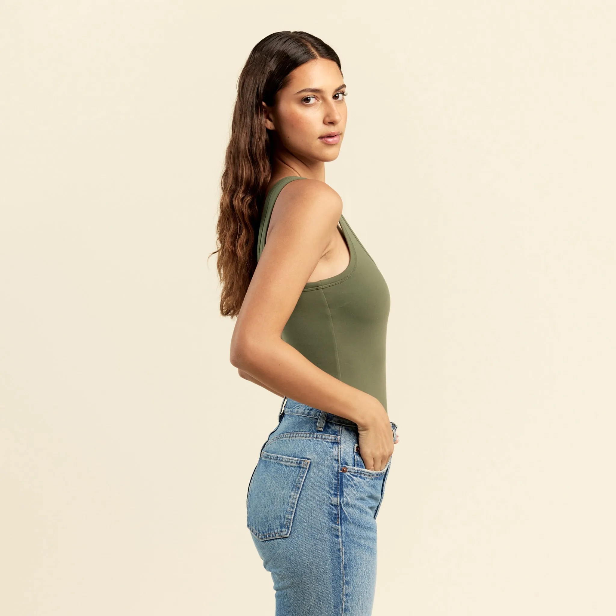 Seamless Scoop Tank Bodysuit | Olive sold by nuuds product image thumbnail 3
