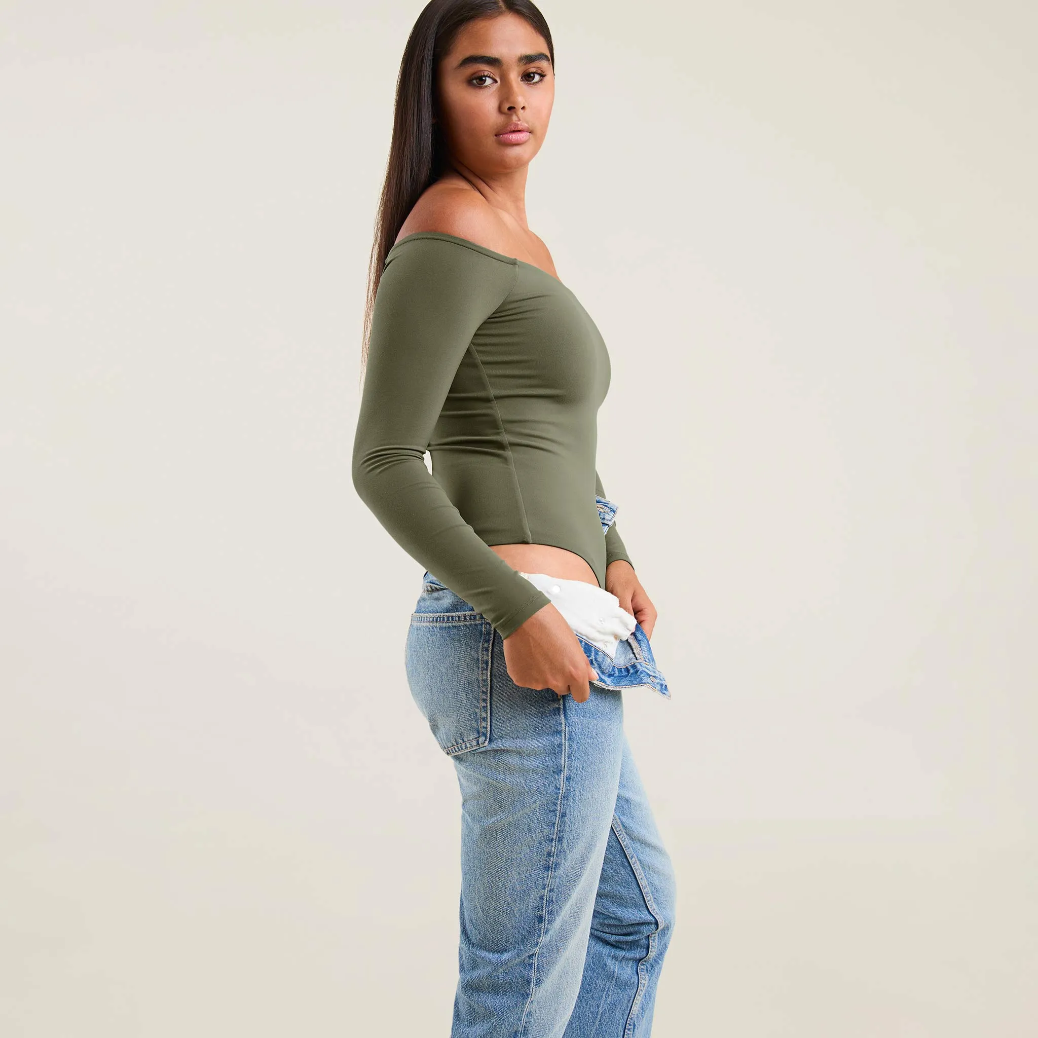 Off The Shoulder Bodysuit | Olive sold by nuuds product image thumbnail 5