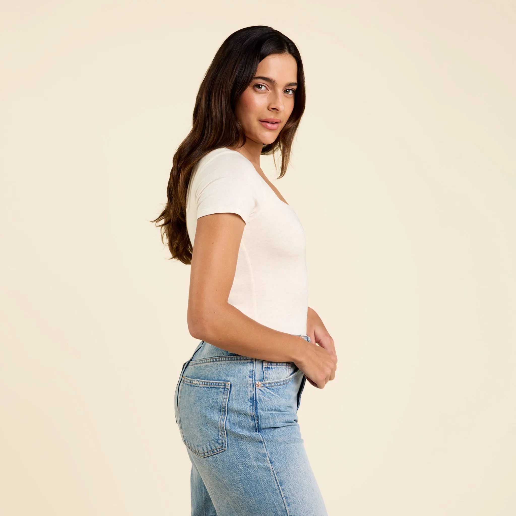 Cotton Stretch Short Sleeve Square Neck Bodysuit | Heather Bone sold by nuuds product image thumbnail 3