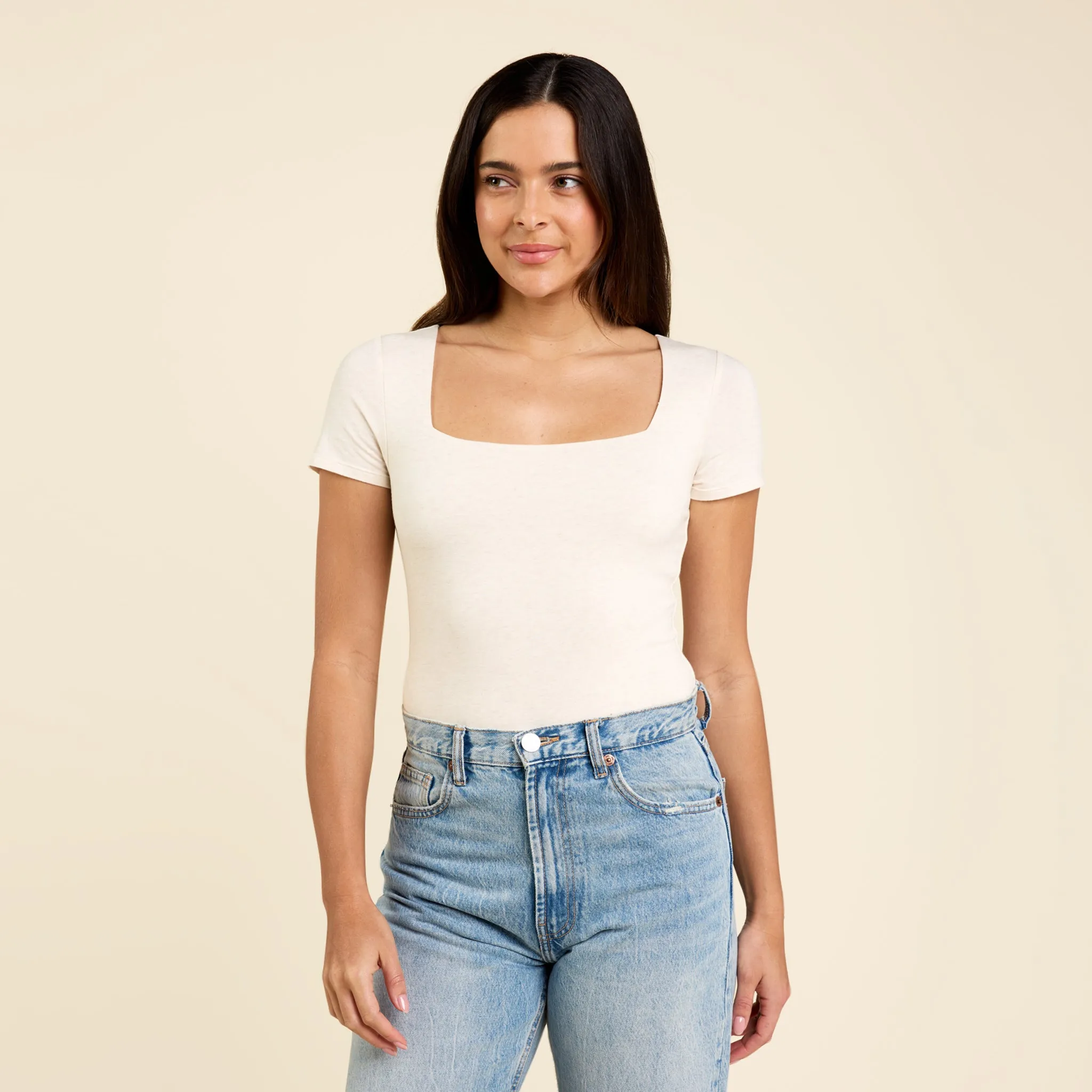 Cotton Stretch Short Sleeve Square Neck Bodysuit | Heather Bone sold by nuuds