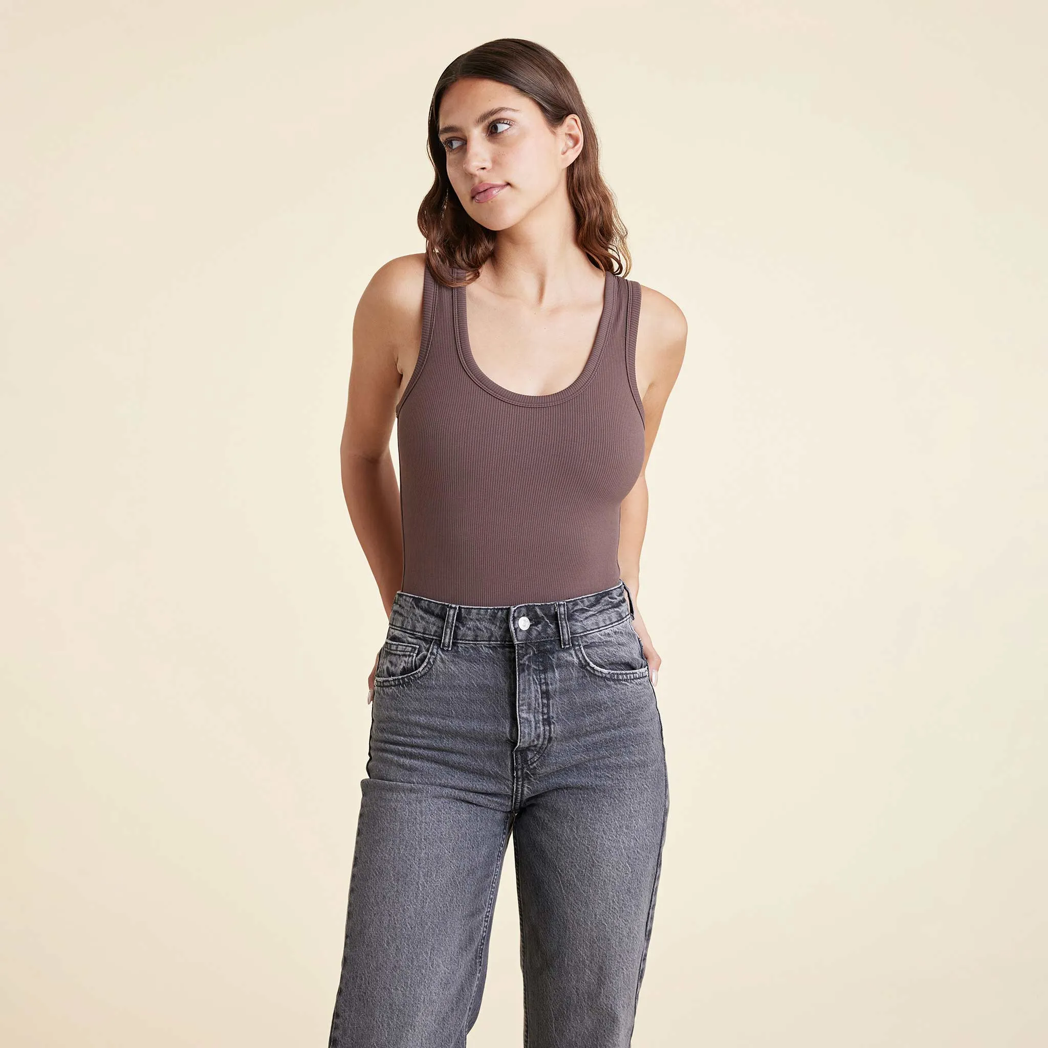 Ribbed Scoop Tank Bodysuit | Coffee sold by nuuds