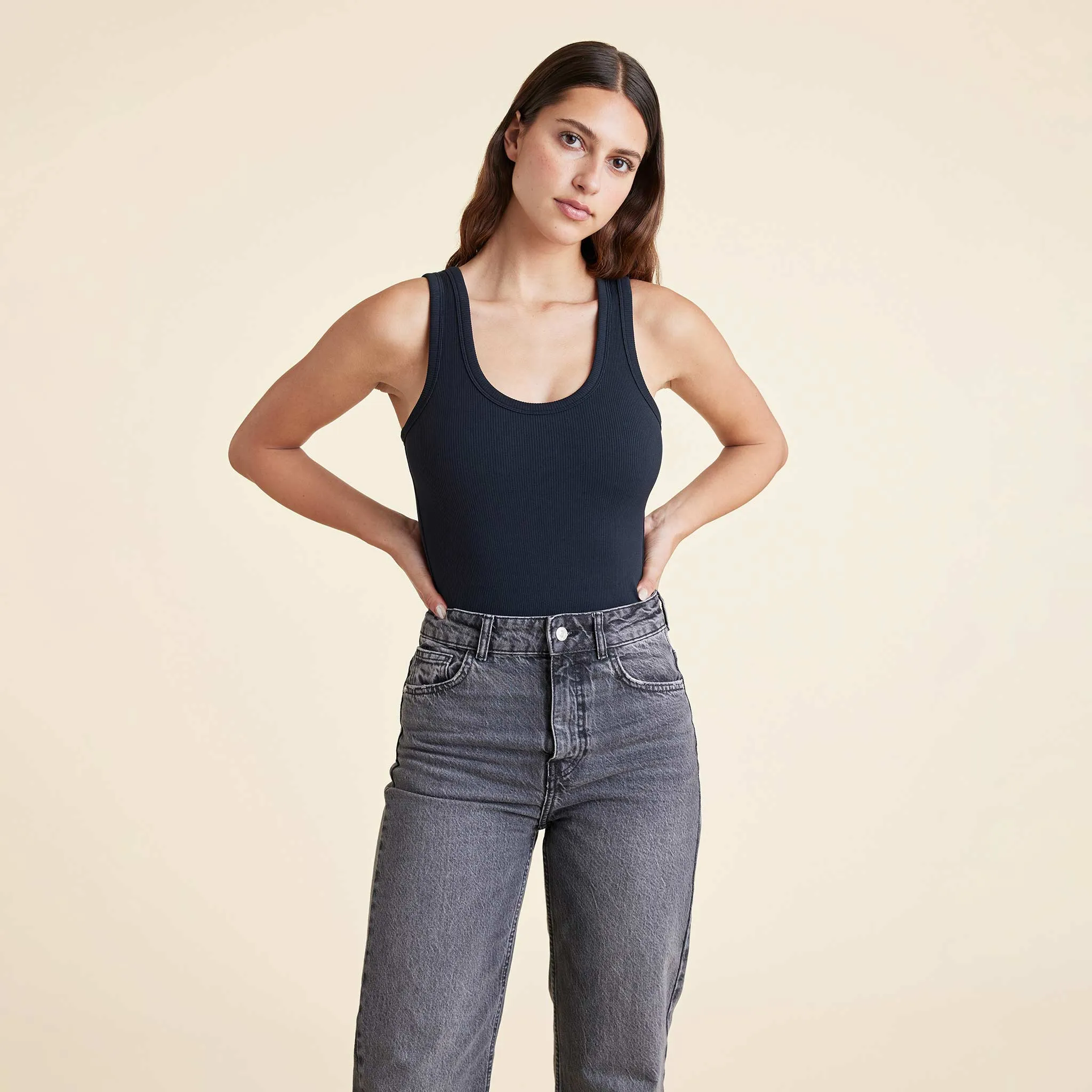 Ribbed Scoop Tank Bodysuit | Black sold by nuuds