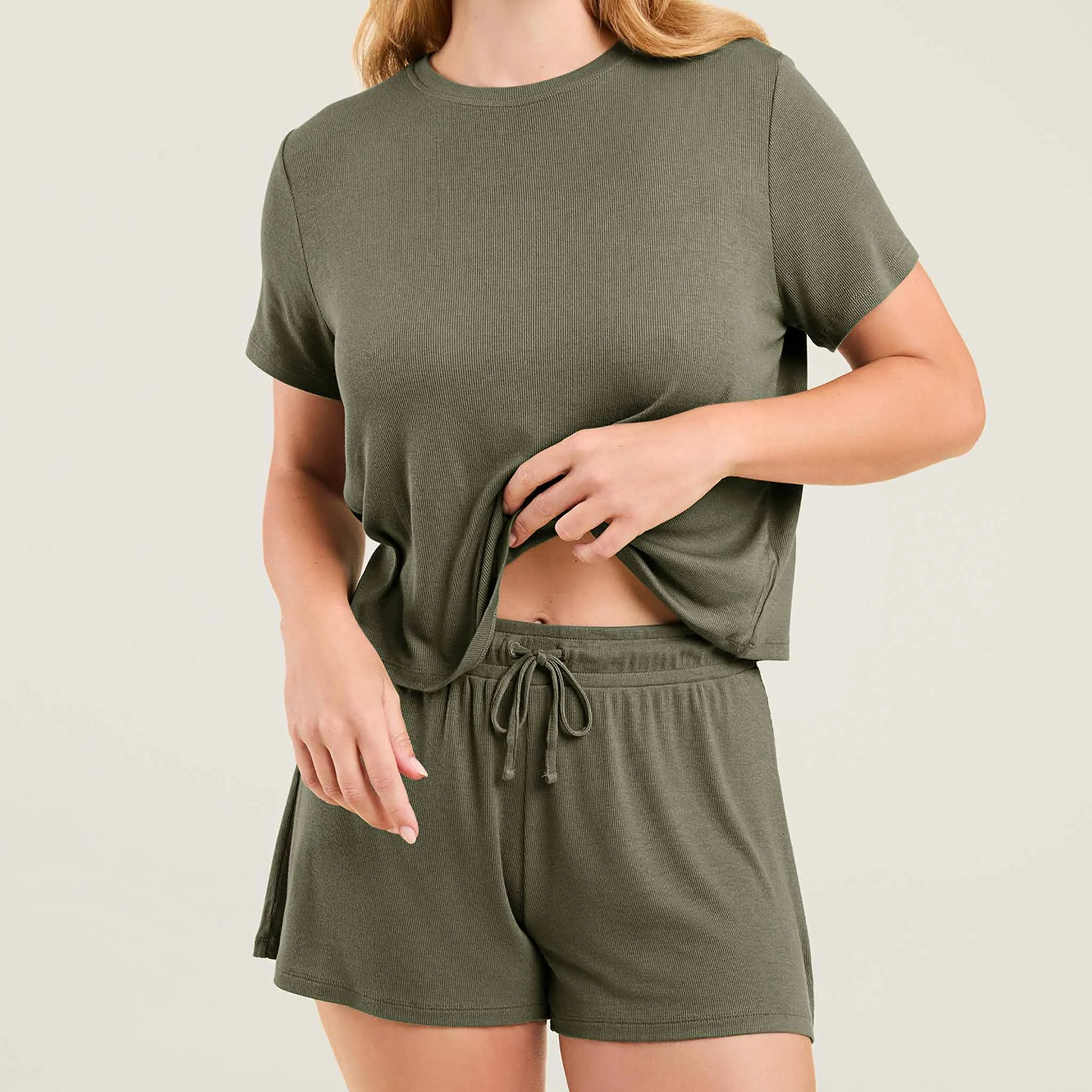 Ribbed Pajama Short Set | Olive sold by nuuds product image thumbnail 5