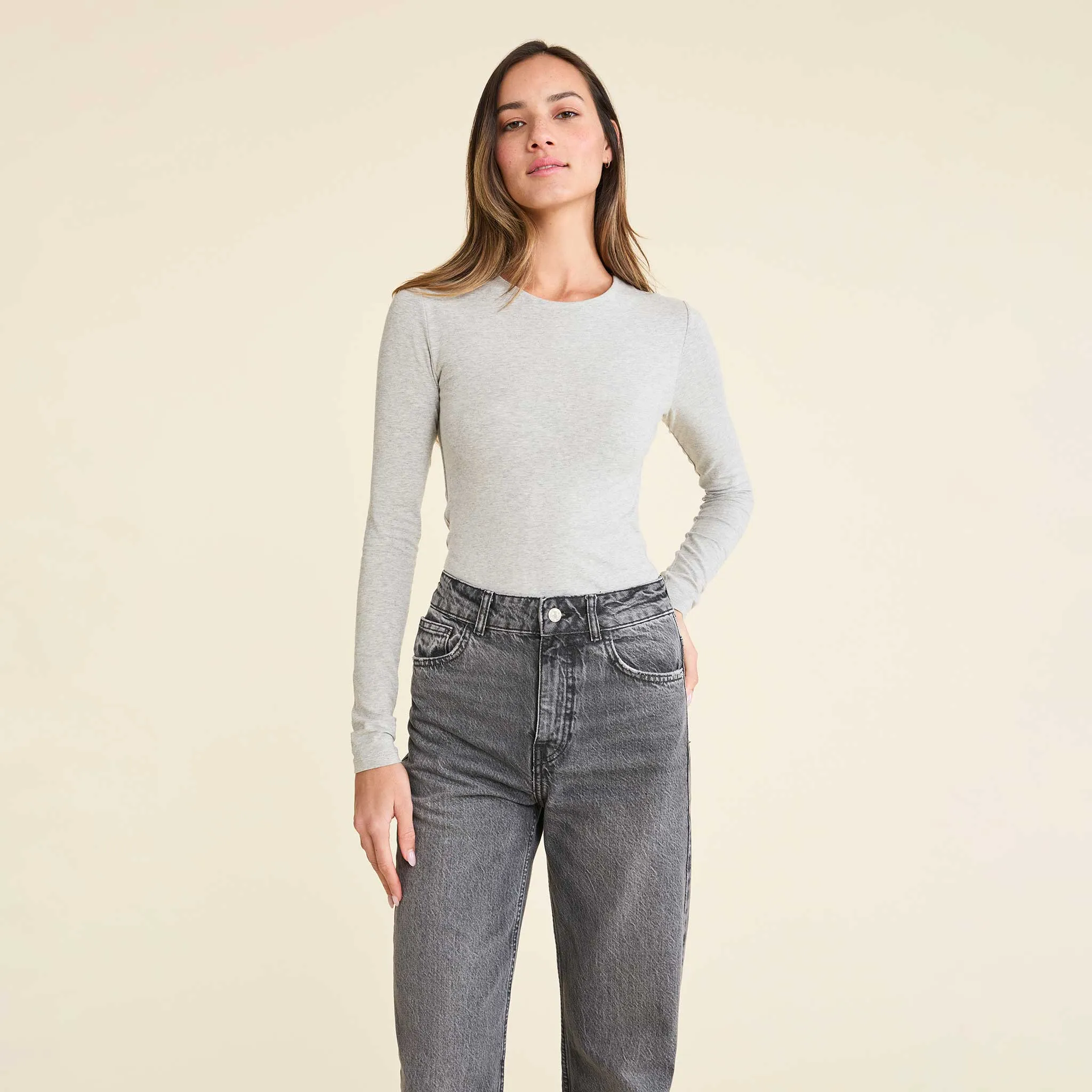 Cotton Stretch Long Sleeve Crewneck Bodysuit | Heather Grey sold by nuuds