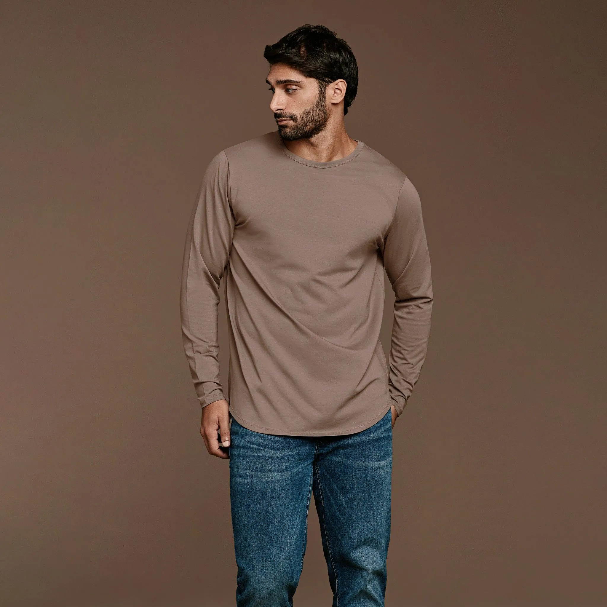 Long Sleeve Curved Hem T-Shirt | Mocha sold by nuuds