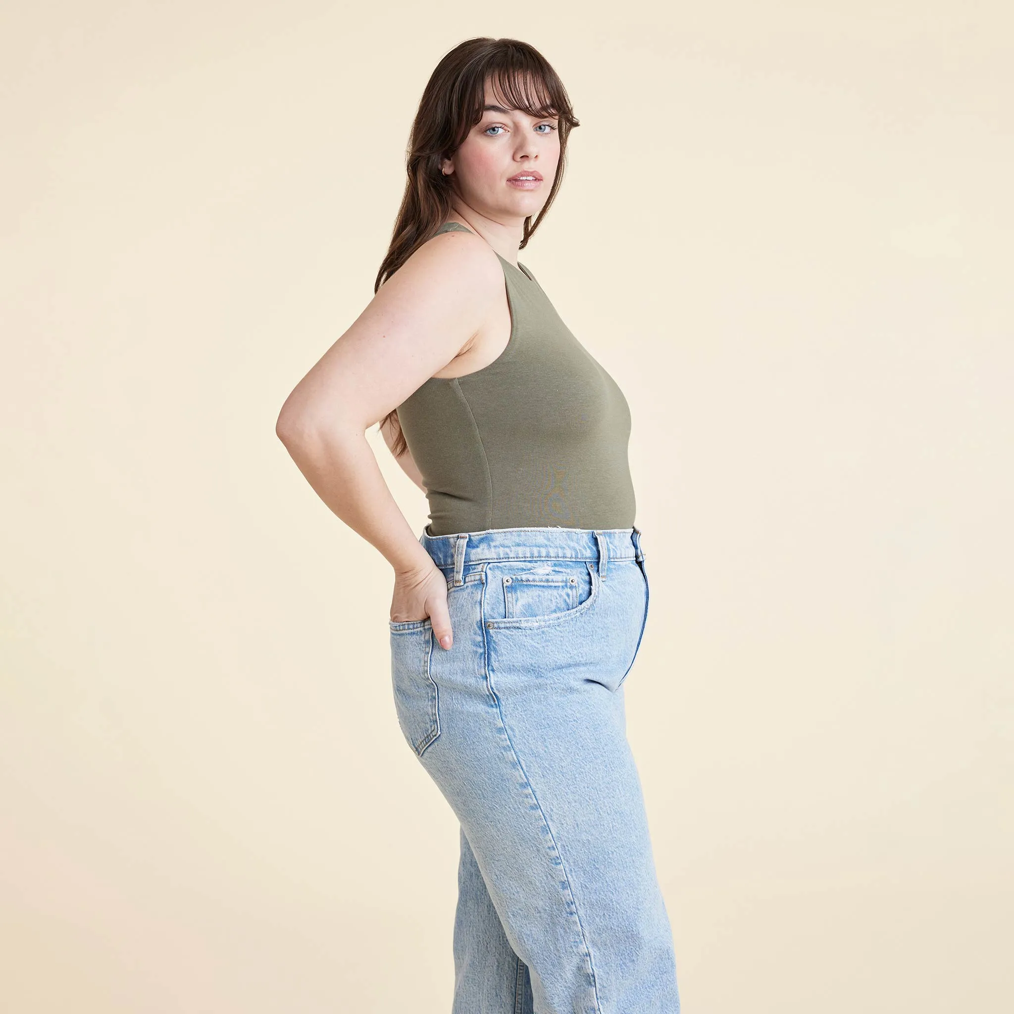 Cotton Stretch Classic Crewneck Tank Bodysuit | Olive sold by nuuds product image thumbnail 3