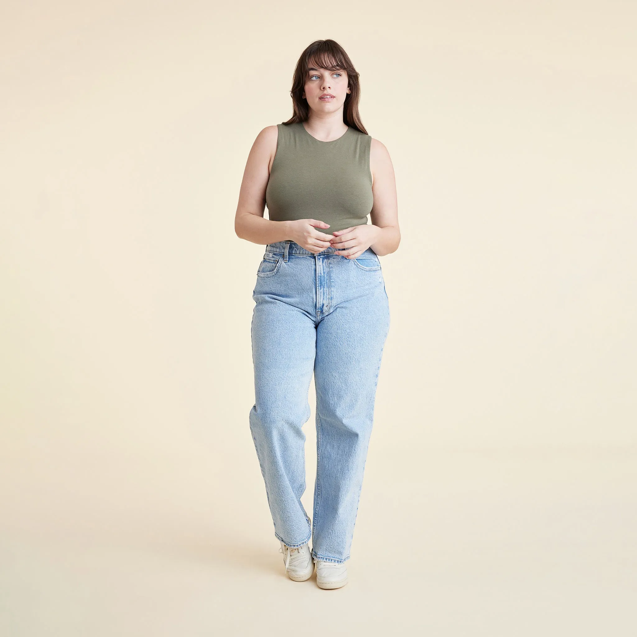 Cotton Stretch Classic Crewneck Tank Bodysuit | Olive sold by nuuds product image thumbnail 2