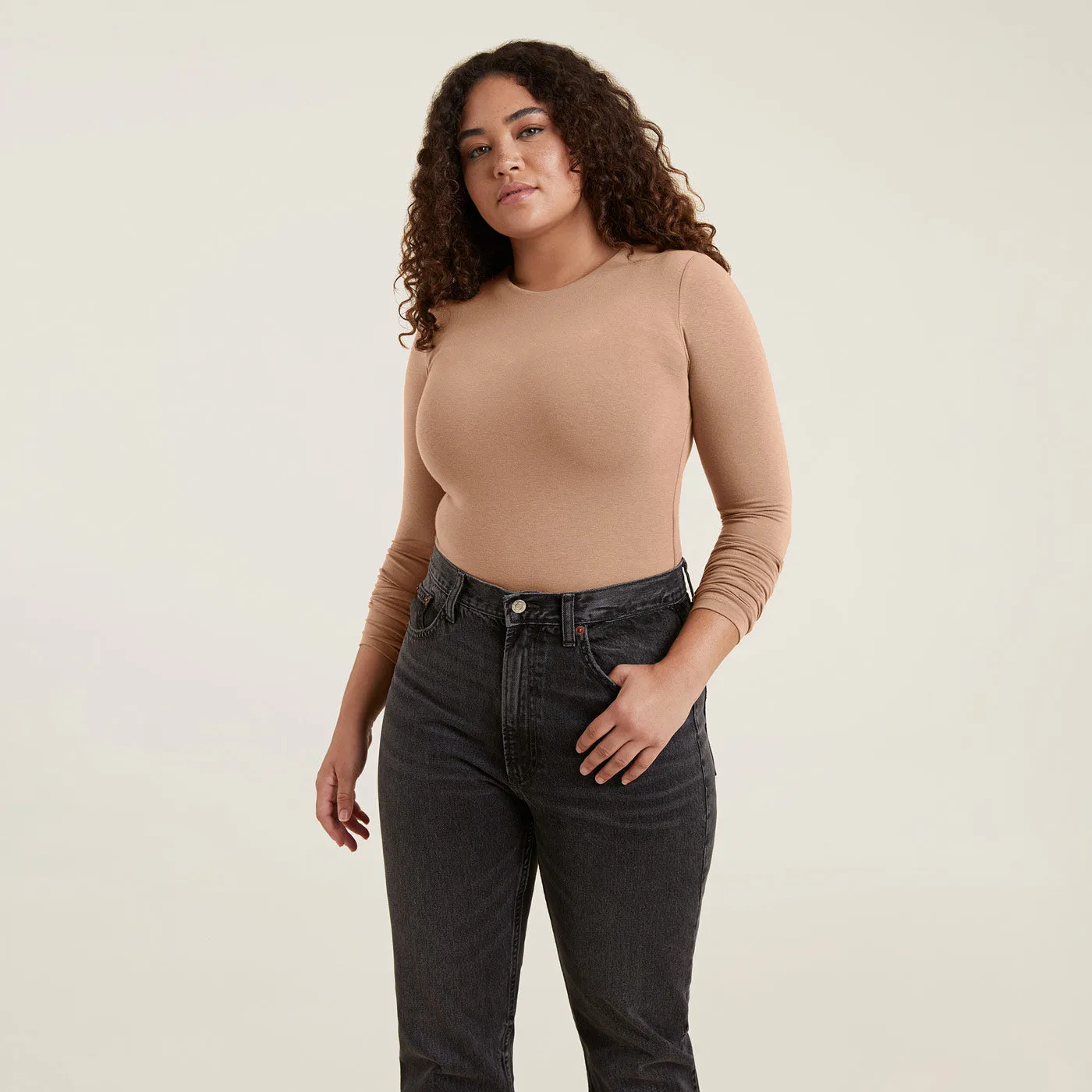 Cotton Stretch Long Sleeve Crewneck Bodysuit | Cinnamon sold by nuuds