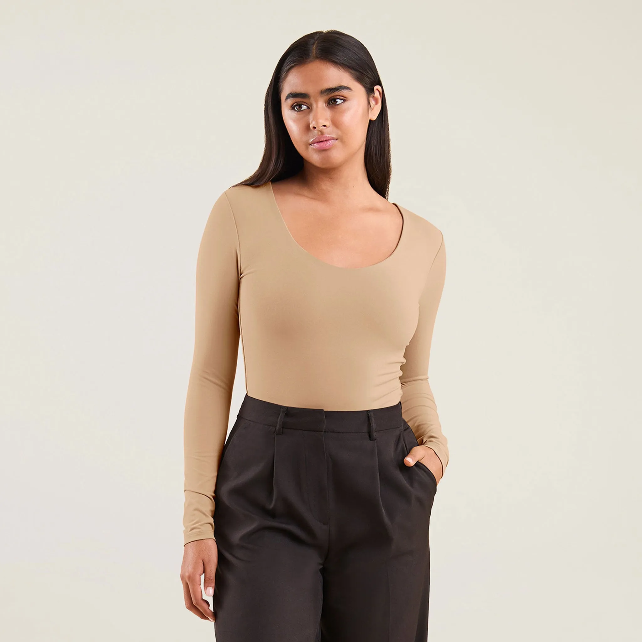 Long Sleeve Scoop Neck Bodysuit | Oat sold by nuuds