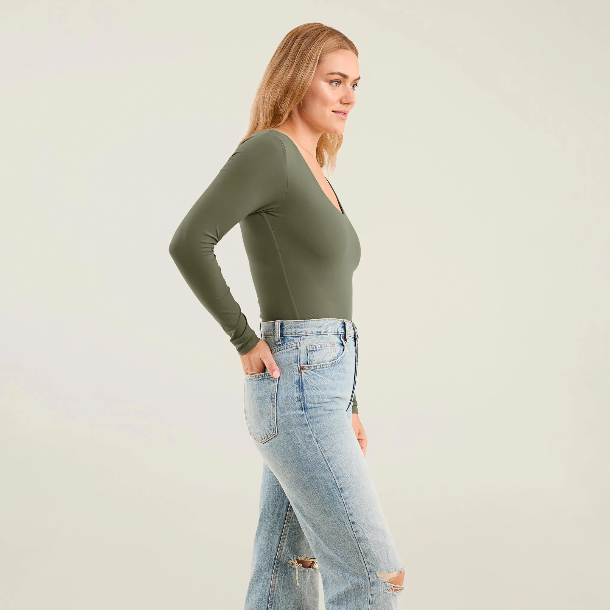 Long Sleeve Scoop Neck Bodysuit | Olive sold by nuuds product image thumbnail 3
