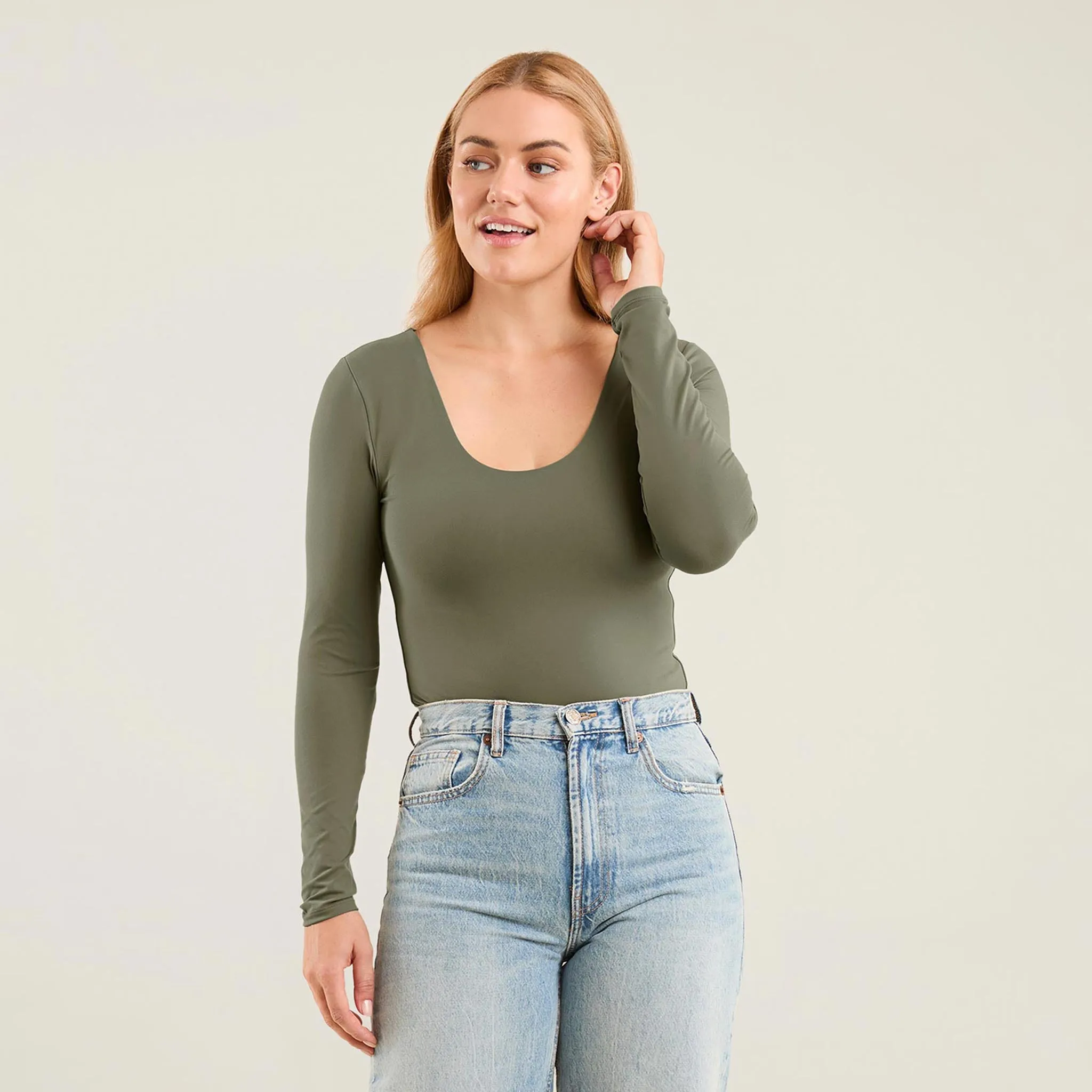Long Sleeve Scoop Neck Bodysuit | Olive sold by nuuds