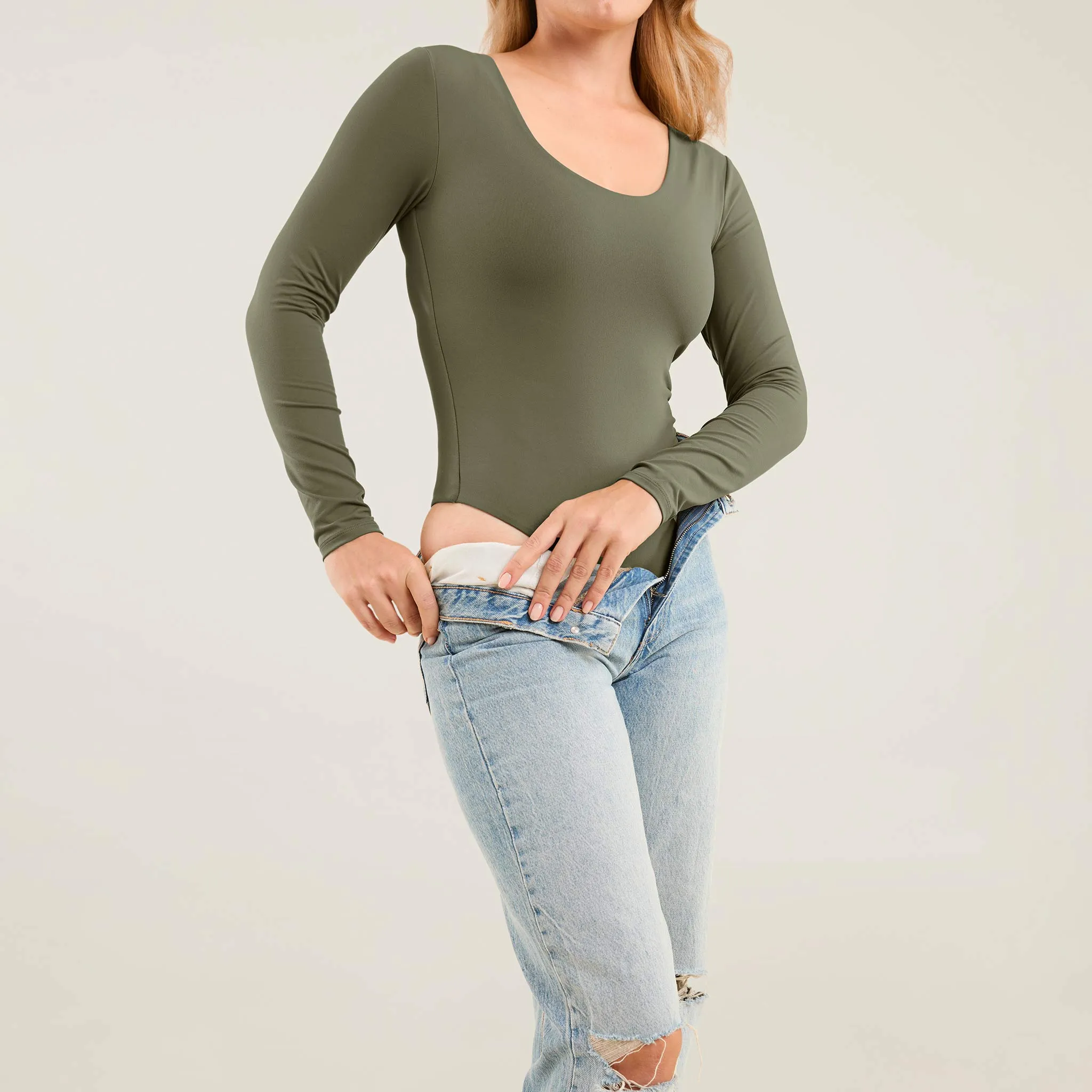 Long Sleeve Scoop Neck Bodysuit | Olive sold by nuuds product image thumbnail 5