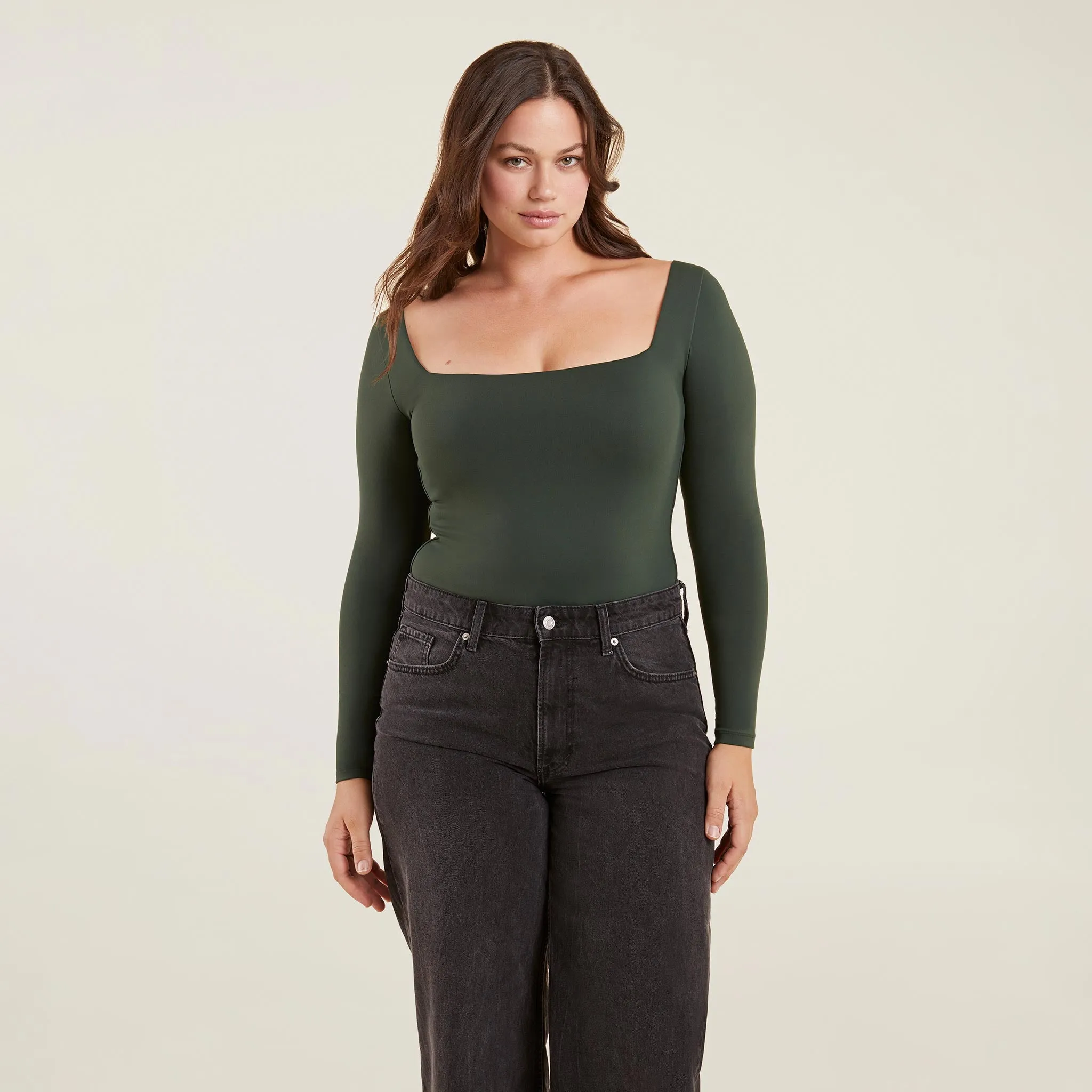 Long Sleeve Wide Square Neck Bodysuit | Evergreen sold by nuuds