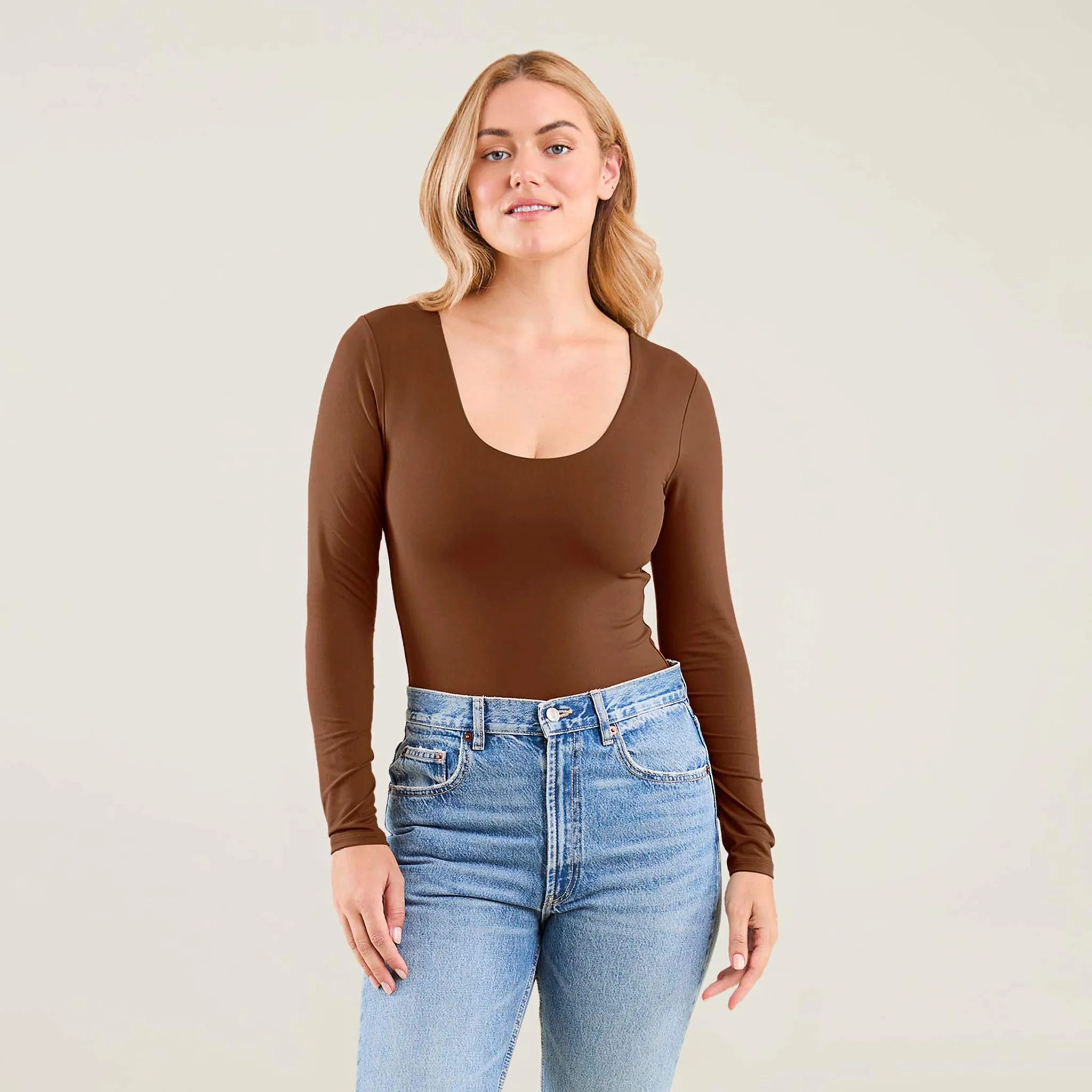Long Sleeve Scoop Neck Bodysuit | Chocolate sold by nuuds