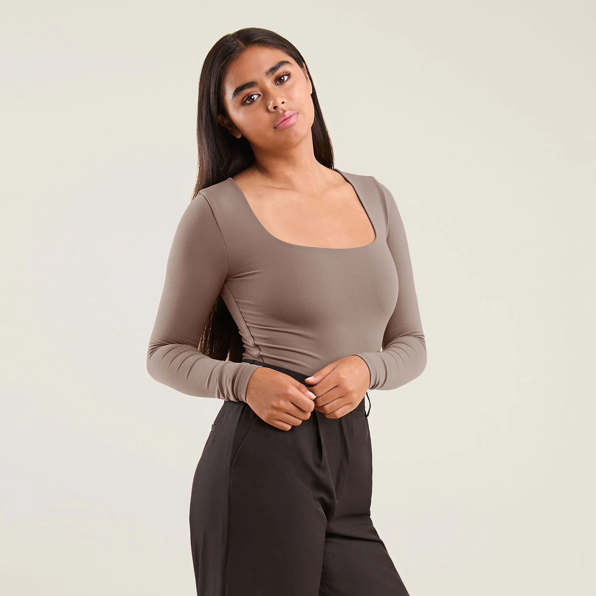 Long Sleeve Square Neck Bodysuit | Mocha sold by nuuds
