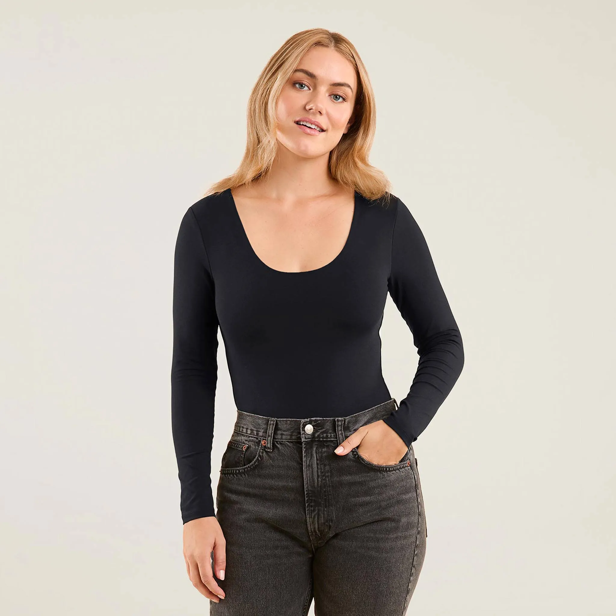 Long Sleeve Scoop Neck Bodysuit | Black sold by nuuds