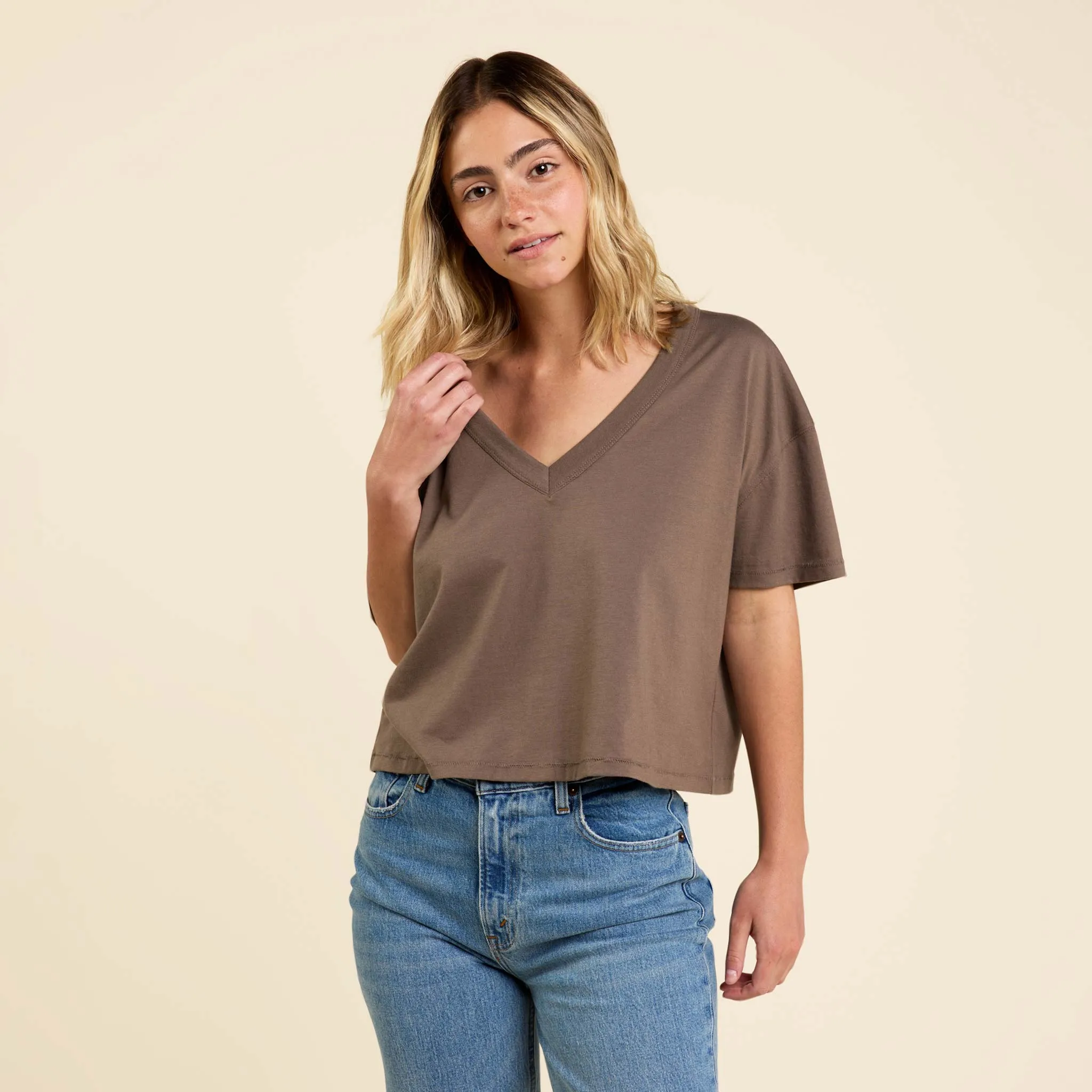 Boxy V-Neck Tee | Mocha sold by nuuds