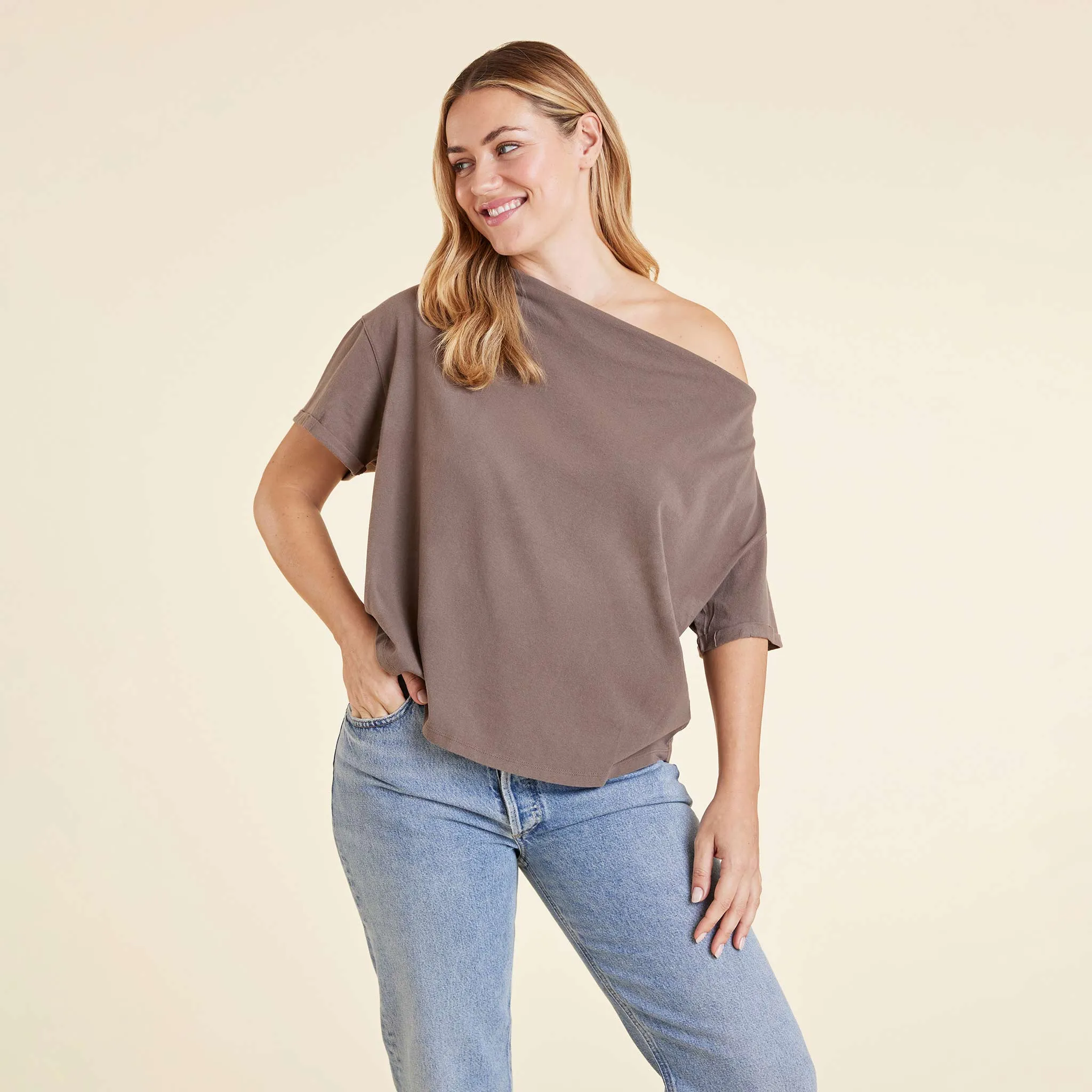 Vintage Cotton Off The Shoulder T-Shirt | Mocha sold by nuuds