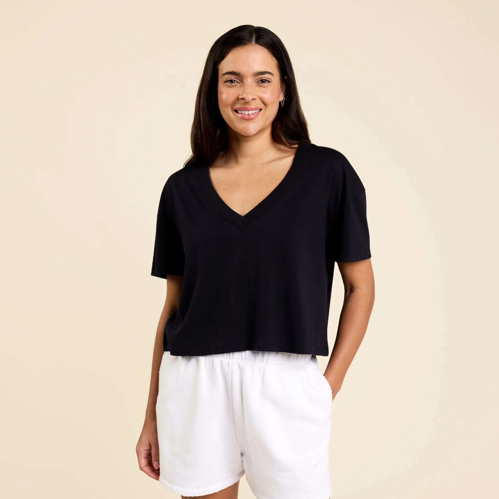 Boxy V-Neck Tee | Black sold by nuuds