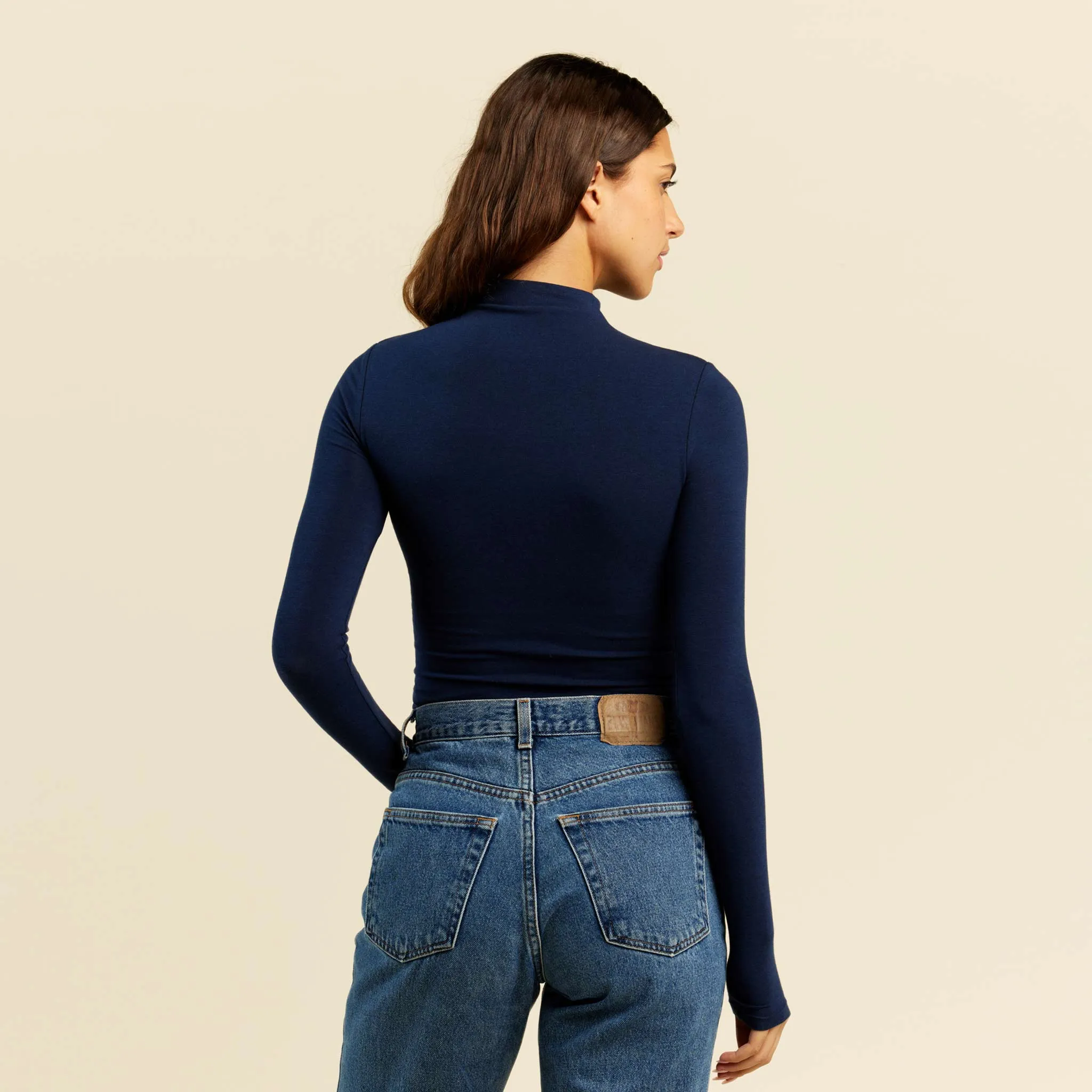 Cotton Stretch Long Sleeve Mock Neck Shirt | Navy sold by nuuds product image thumbnail 4