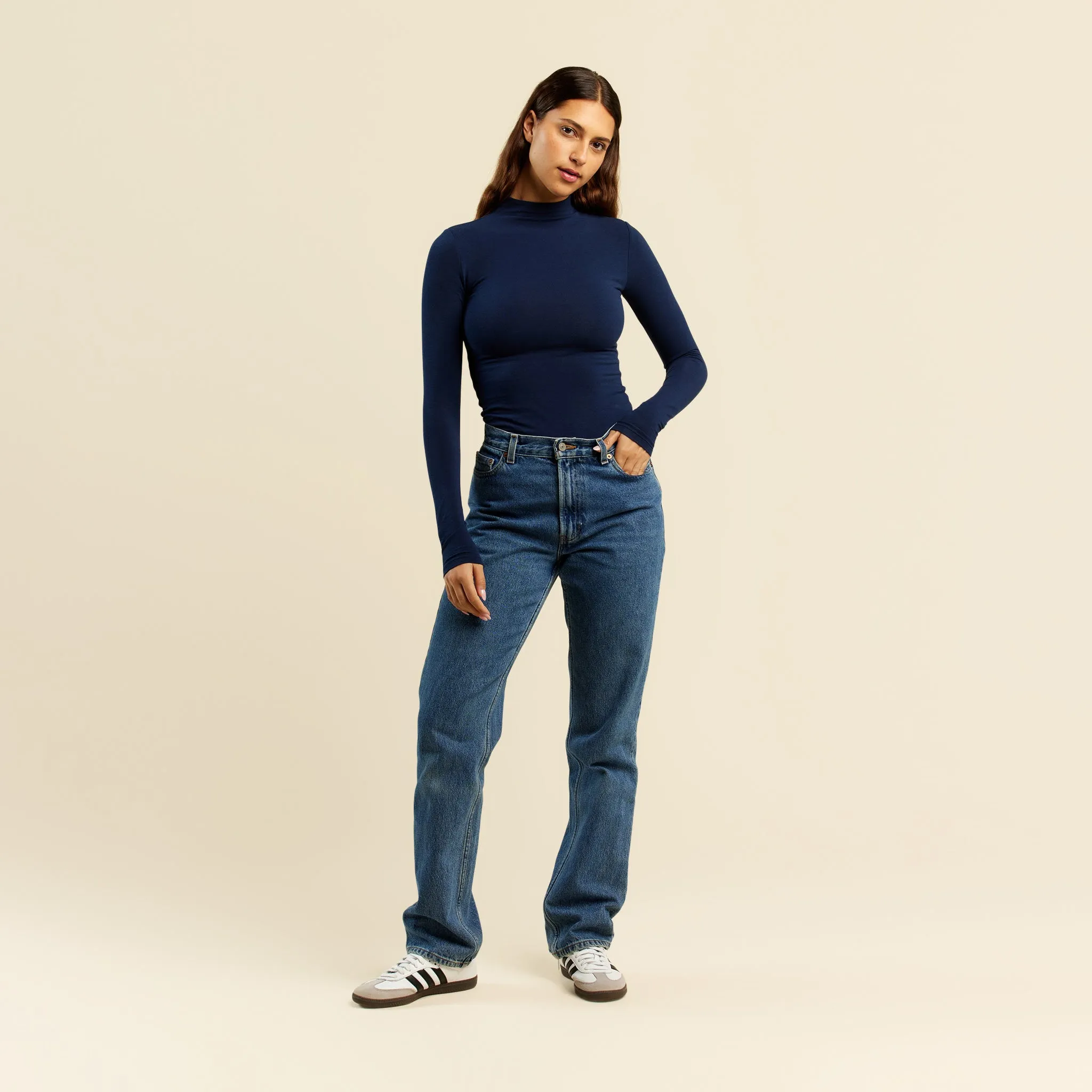 Cotton Stretch Long Sleeve Mock Neck Shirt | Navy sold by nuuds product image thumbnail 2