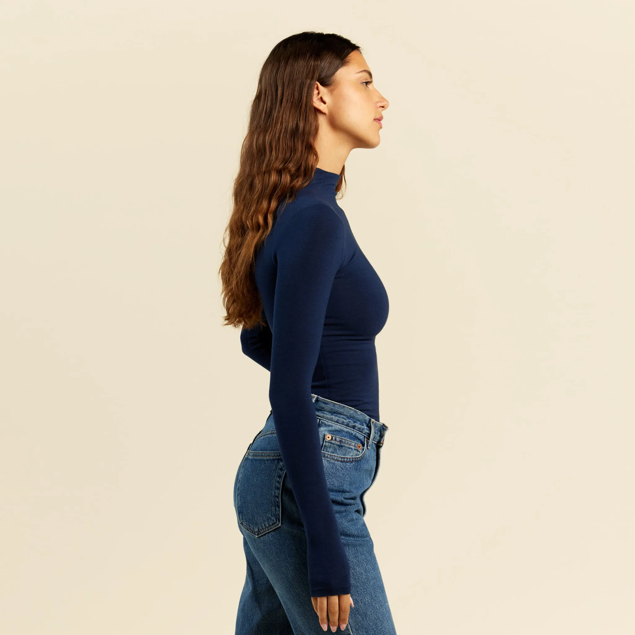 Cotton Stretch Long Sleeve Mock Neck Shirt | Navy sold by nuuds product image thumbnail 3