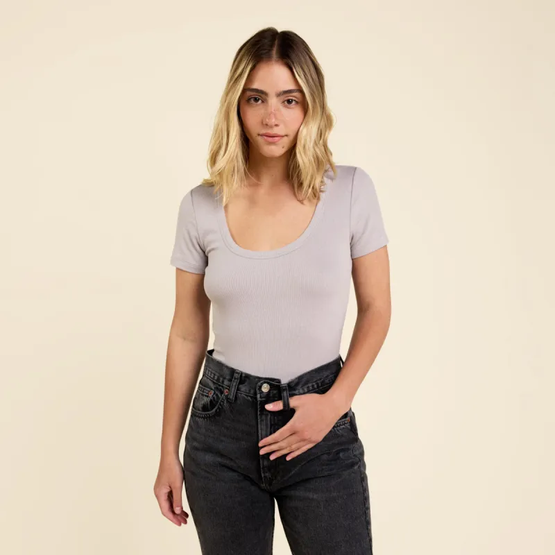Slinky Rib Short Sleeve Bodysuit | Stone sold by nuuds
