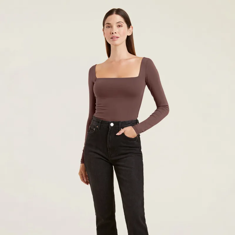 Long Sleeve Wide Square Neck Bodysuit | Coffee sold by nuuds