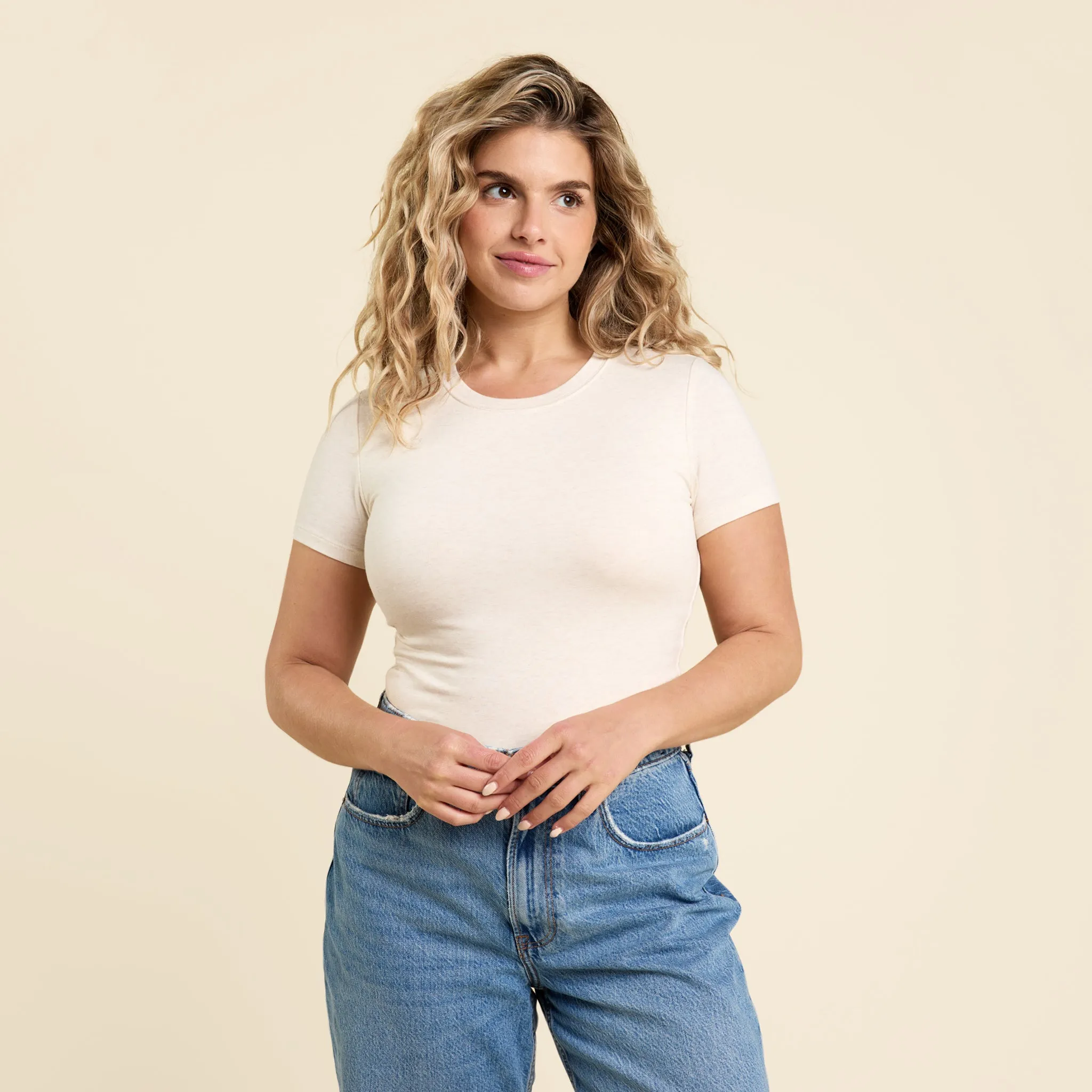 Cotton Stretch Short Sleeve Crewneck Bodysuit | Heather Bone sold by nuuds