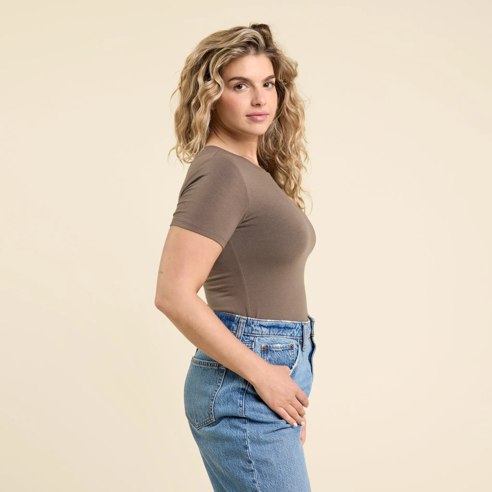 Cotton Stretch Short Sleeve Crewneck Bodysuit | Mocha sold by nuuds product image thumbnail 3