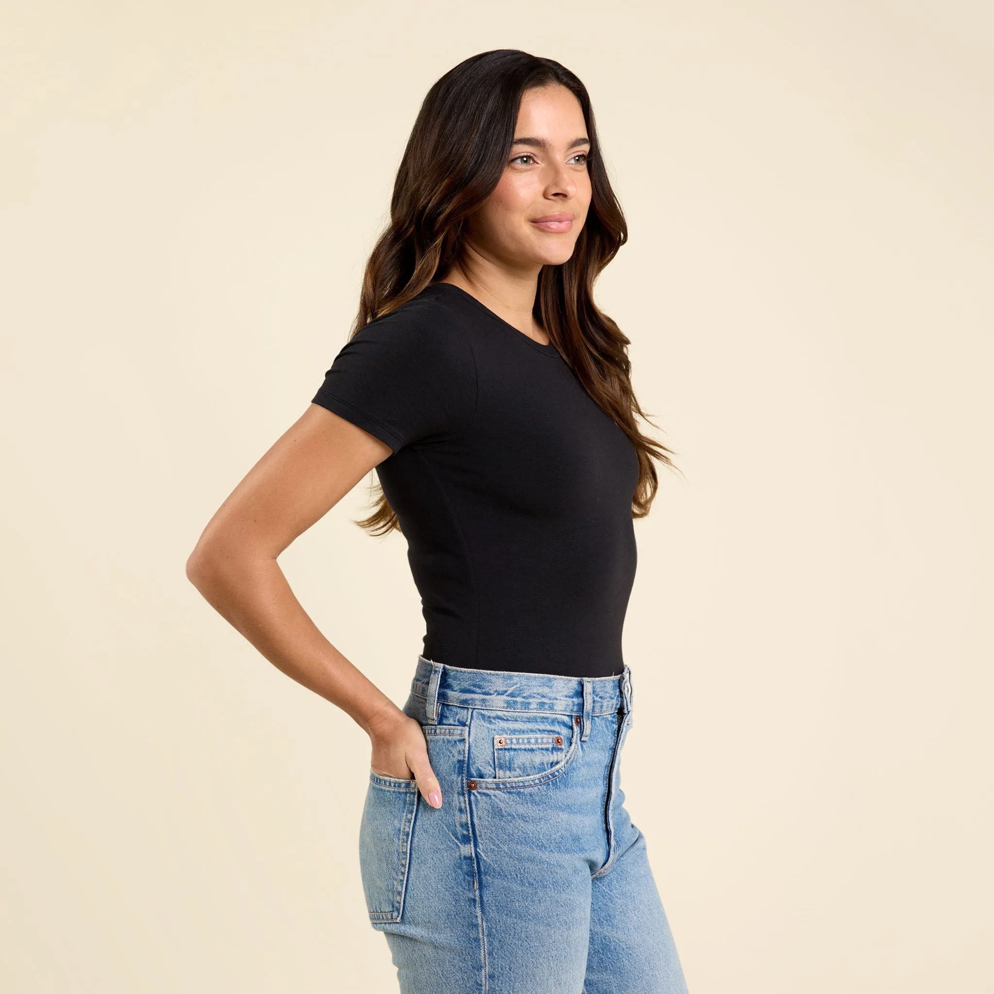Cotton Stretch Short Sleeve Crewneck Bodysuit | Black sold by nuuds product image thumbnail 3