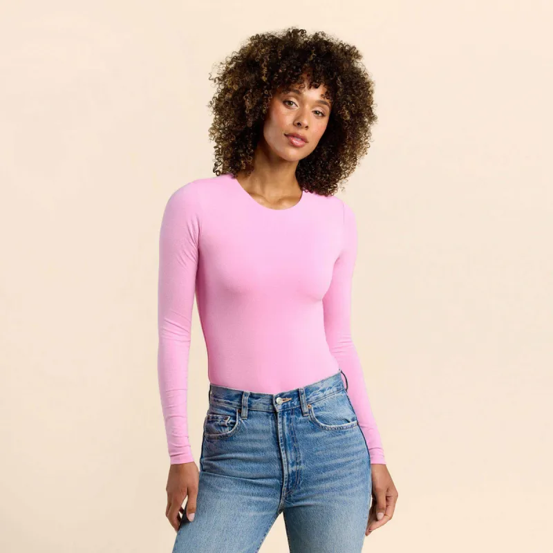 Cotton Stretch Long Sleeve Crewneck Bodysuit | Bubblegum Pink sold by nuuds