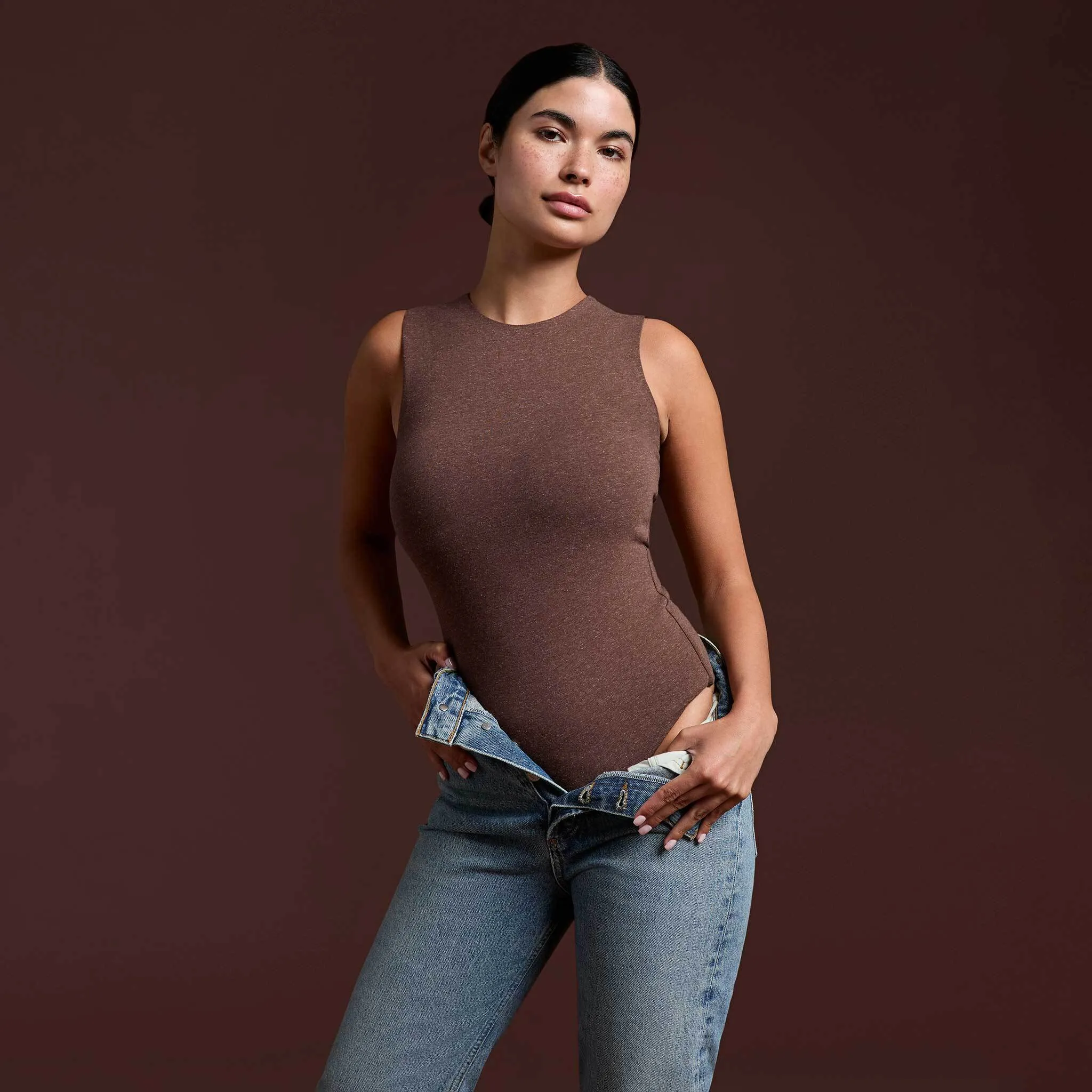 Cotton Stretch Classic Crewneck Tank Bodysuit | Heather Coffee sold by nuuds product image thumbnail 5